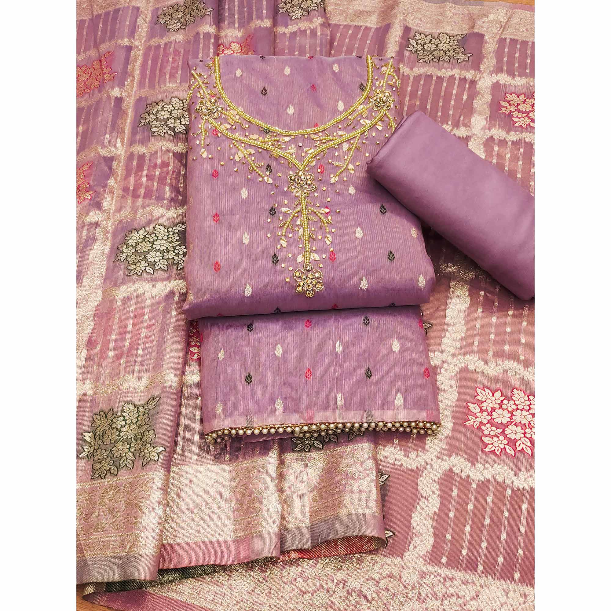 Lavender Woven With Handwork Simmer Jacquard Dress Material