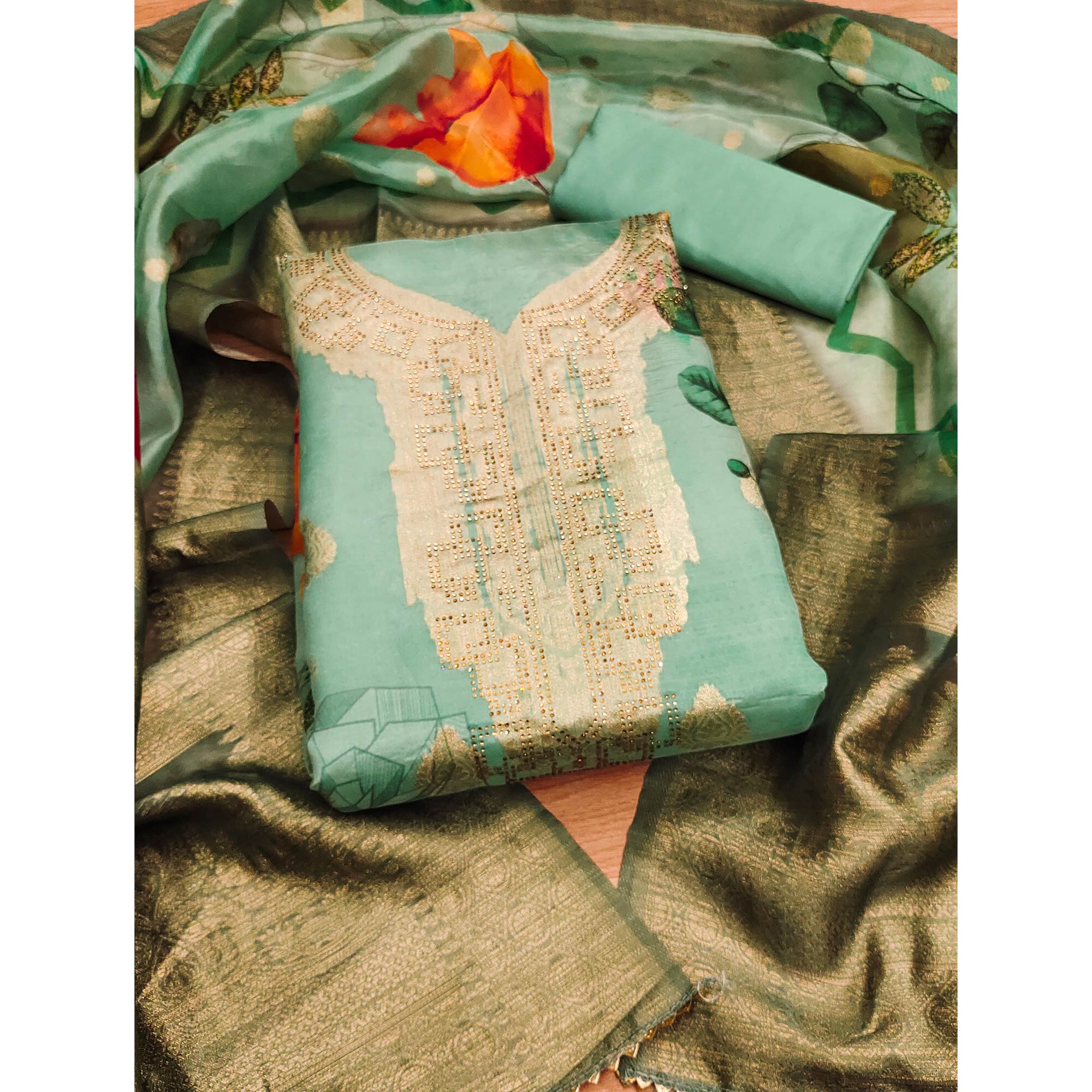 Sea Green Woven With Digital Printed & Swarovski Organza Dress Material