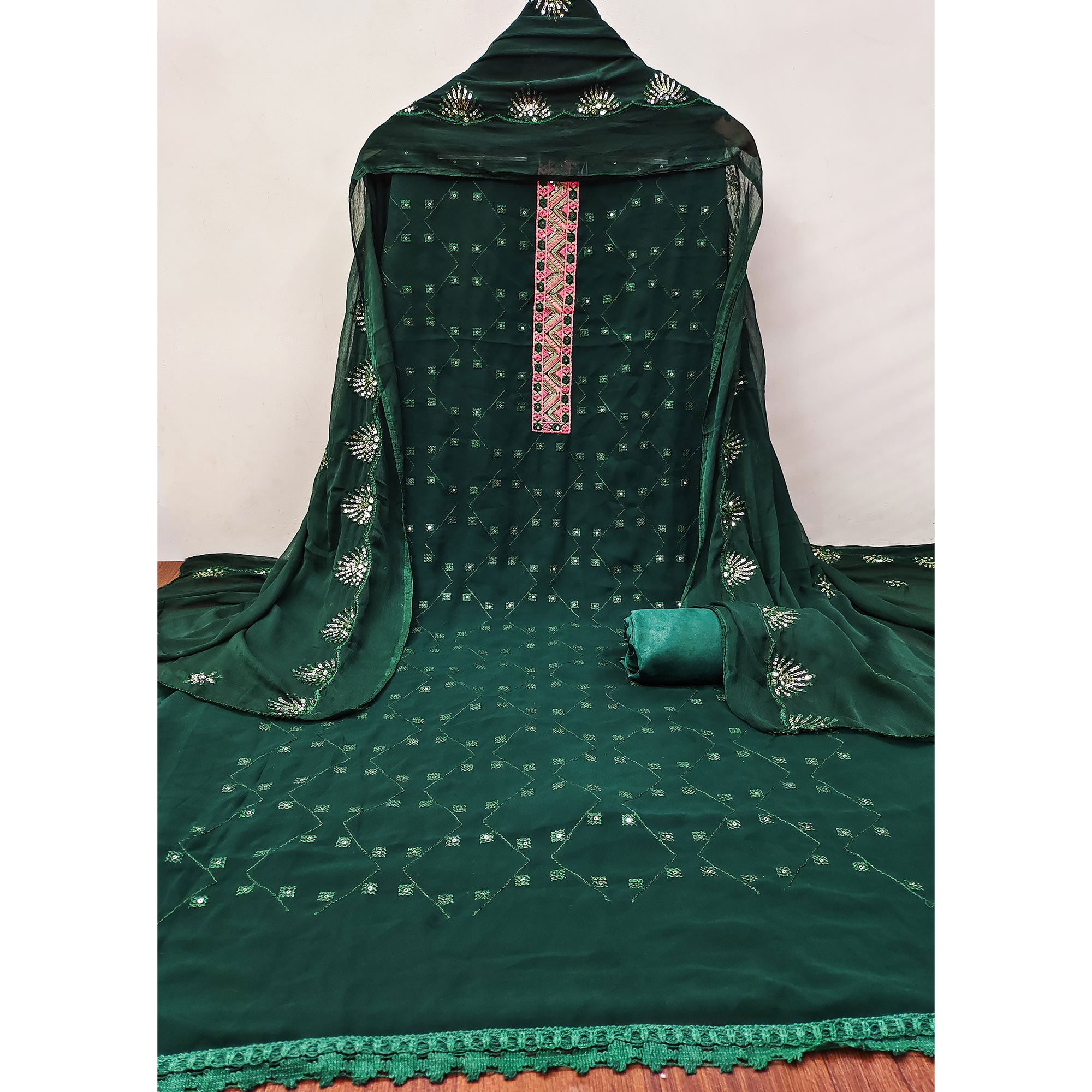 Green Sequins Embroidered Georgette Dress Material