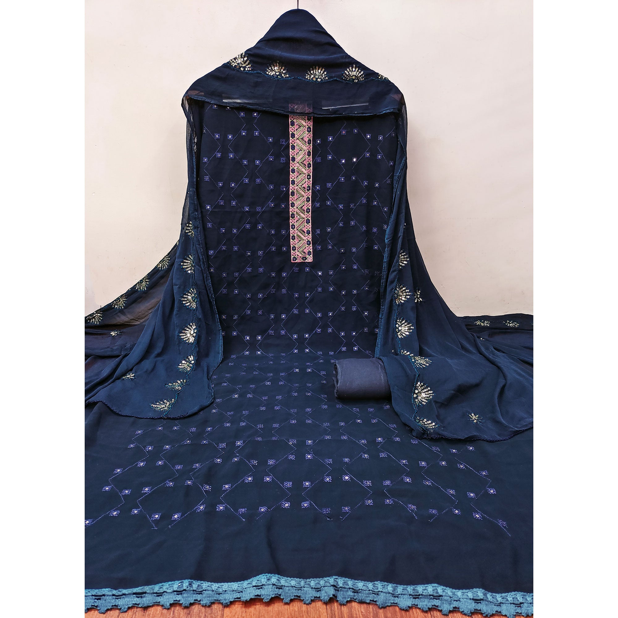 Navy Blue Sequins Embroidered Georgette Dress Material