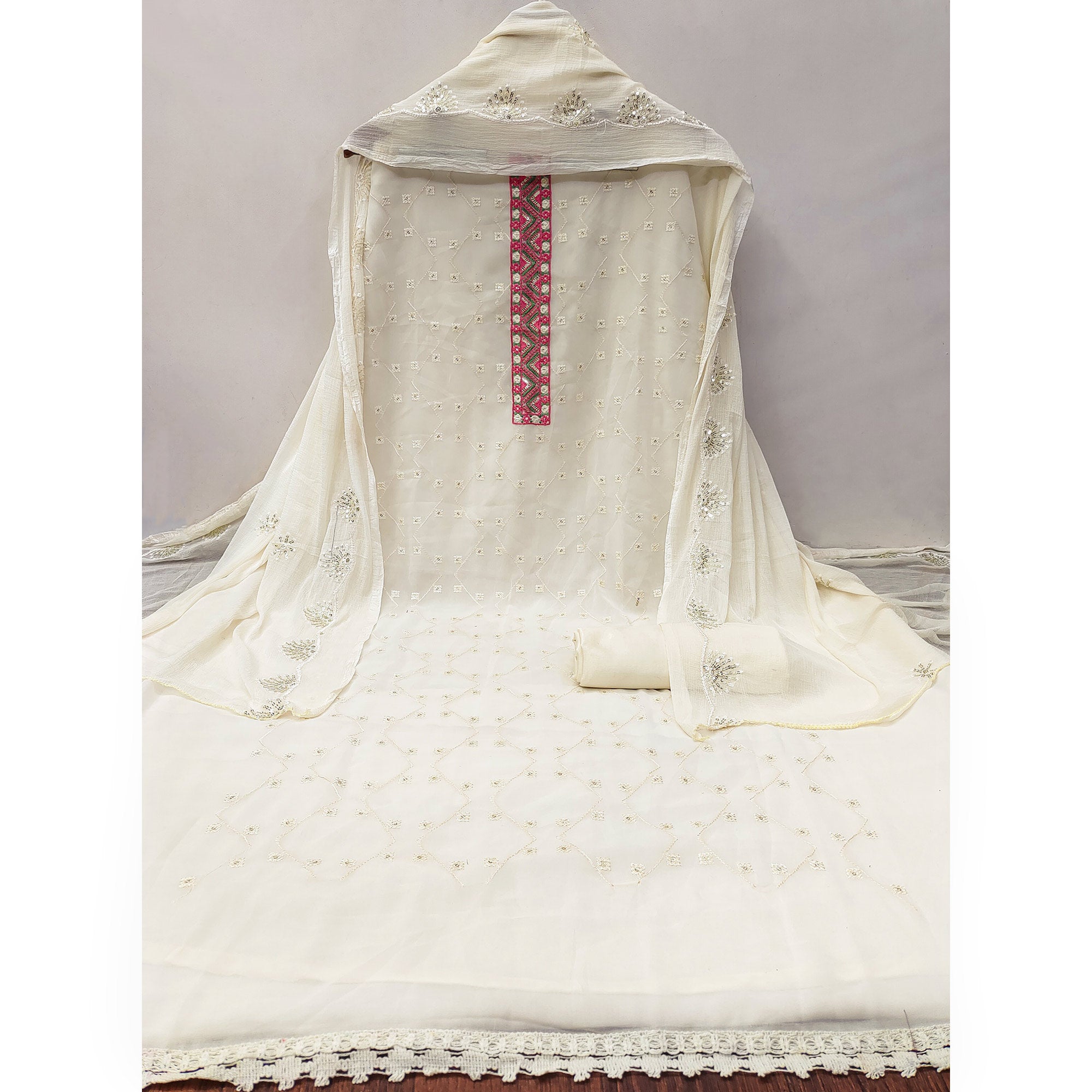 Off White Sequins Embroidered Georgette Dress Material