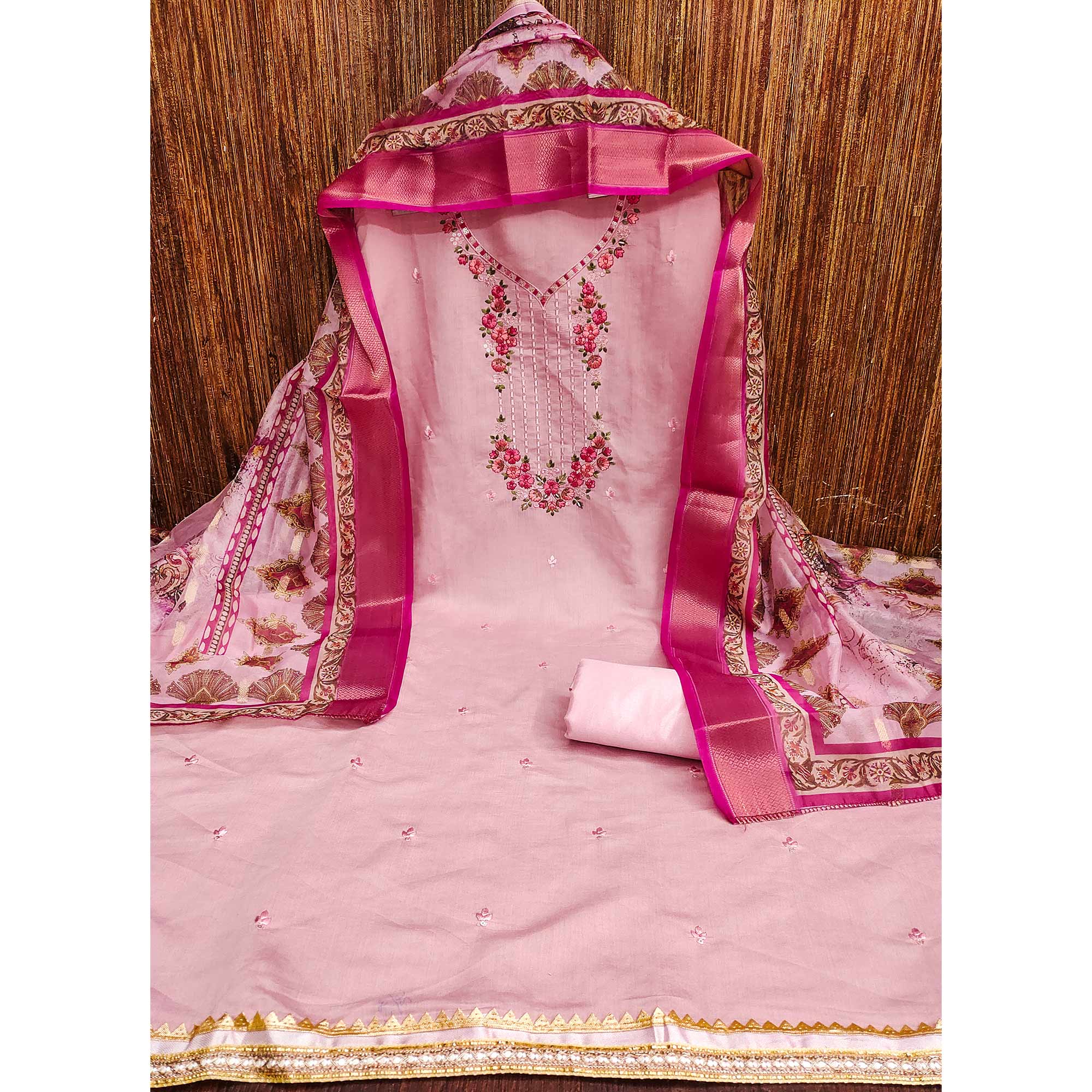 Pink Floral Sequins Embroidered Chanderi Silk Dress Material