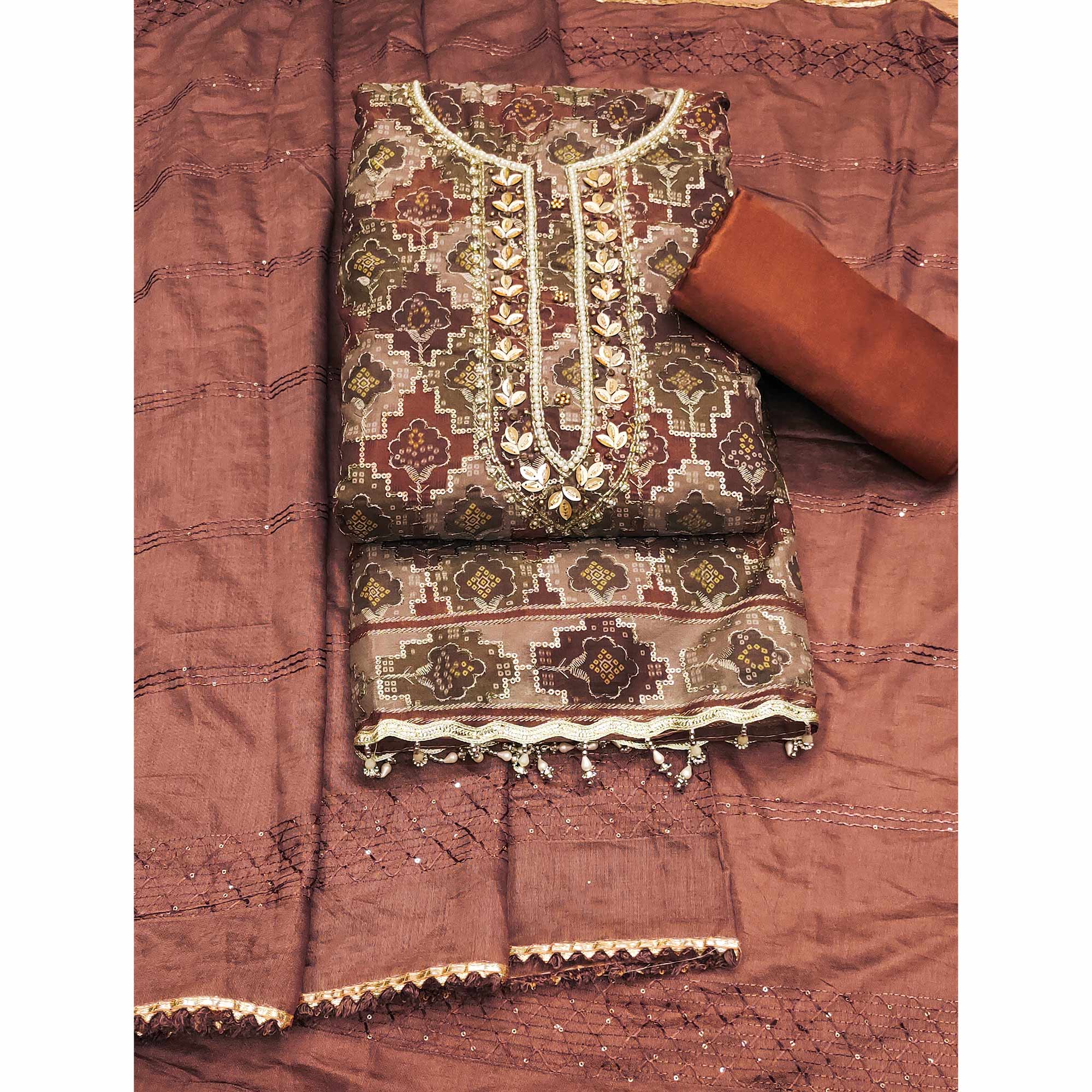 Rust Sequins Embroidered With Printed Organza Dress Material