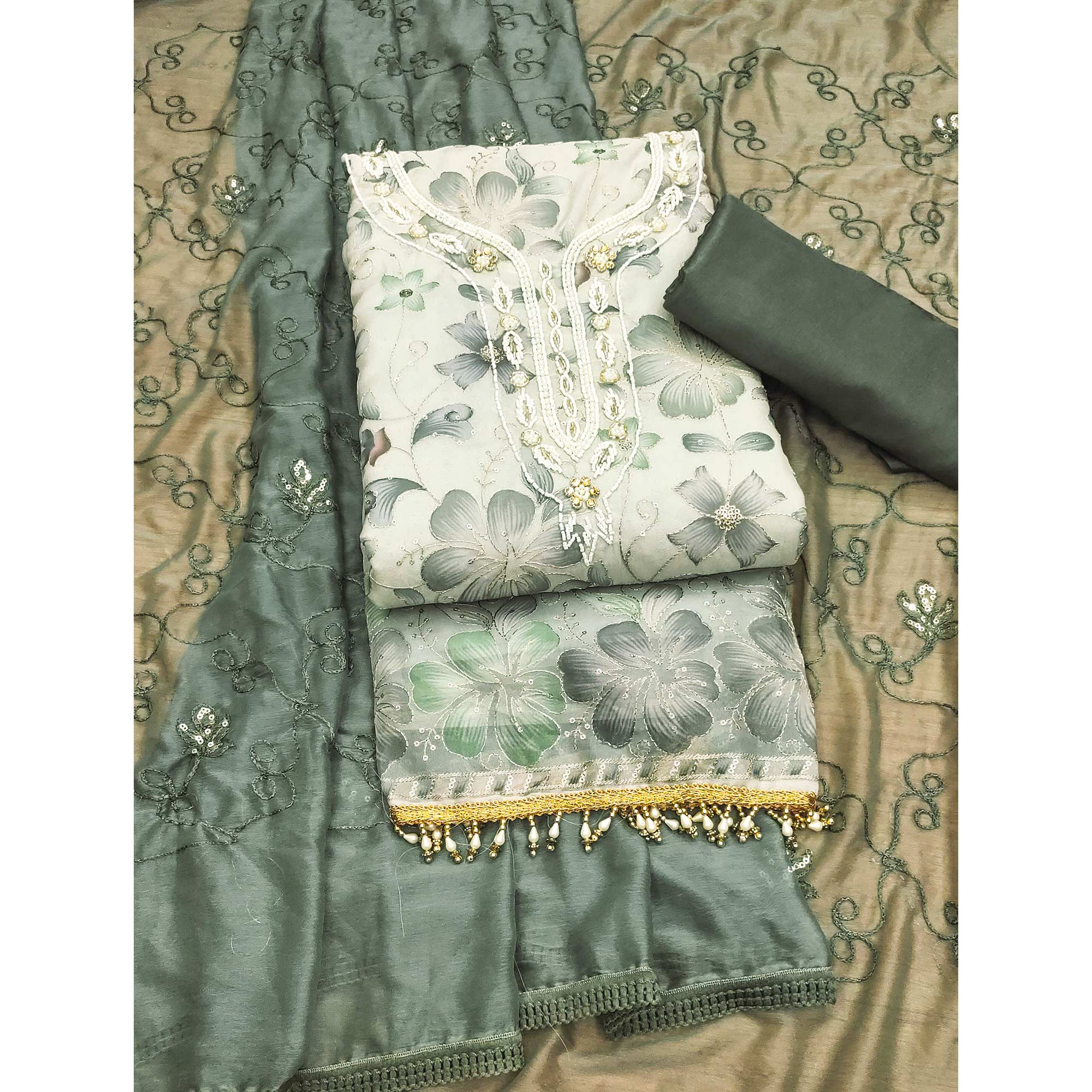 Light Green Floral Sequins Embroidered With Printed Organza Dress Material
