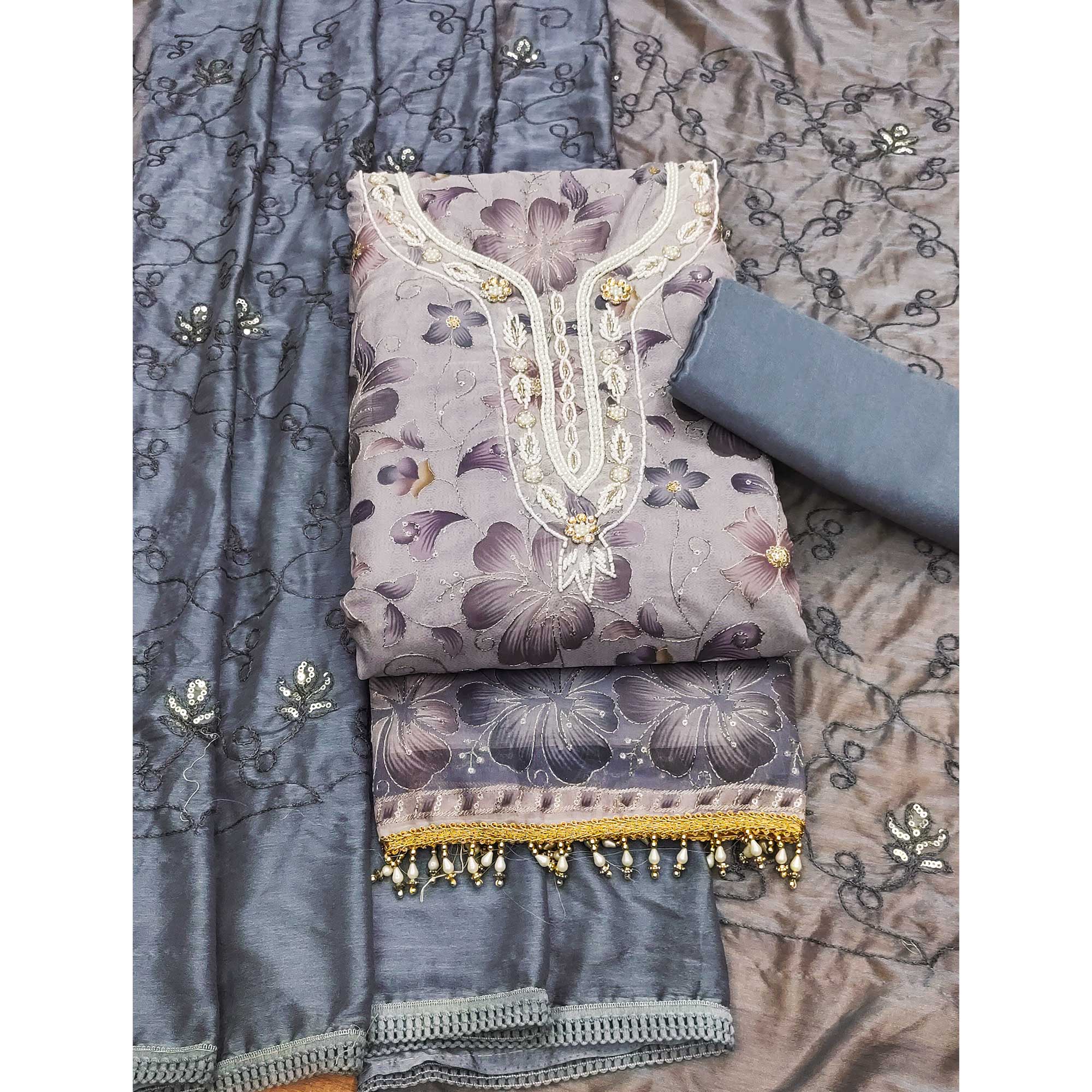 Light Lavender Floral Sequins Embroidered With Printed Organza Dress Material