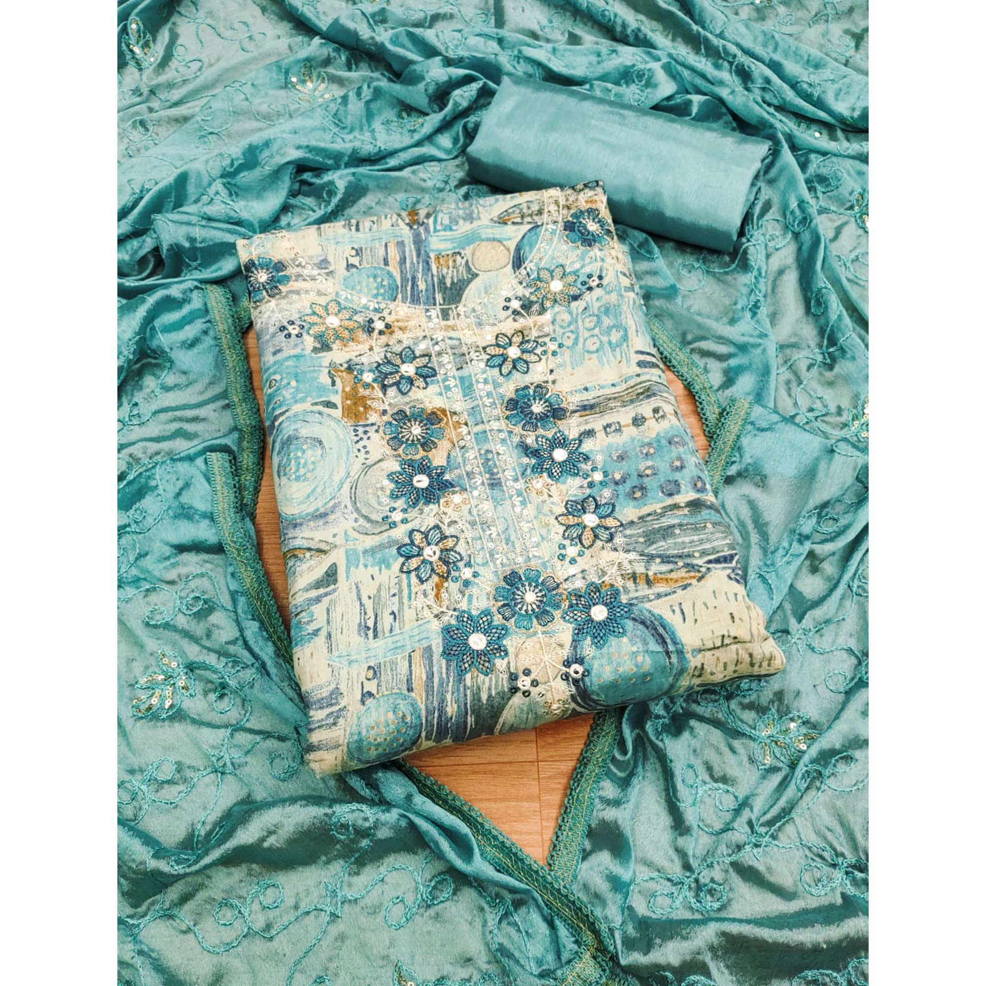 Turquoise Foil Printed Pure Cotton Dress Material