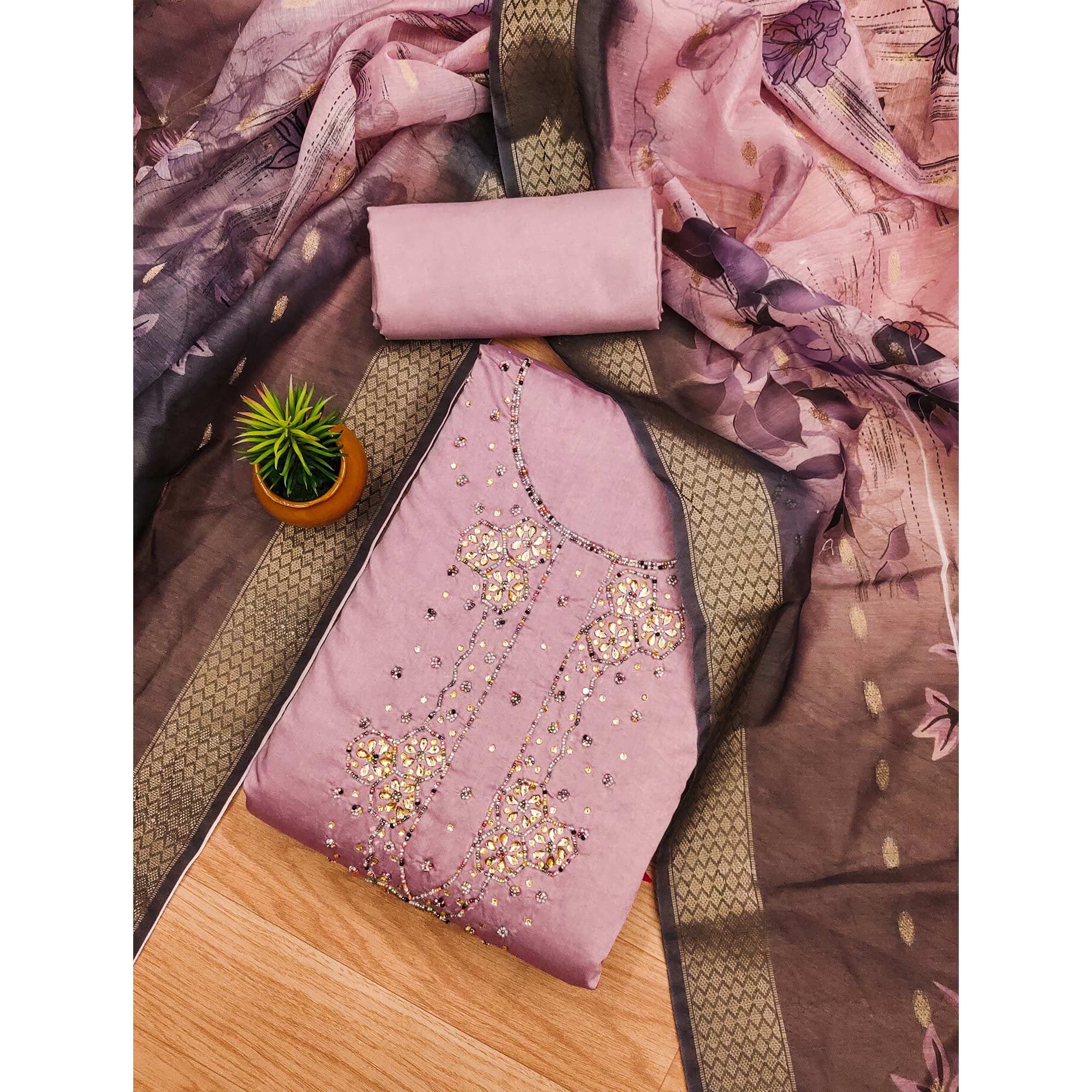 Onion Pink Floral Handwork Cotton Silk Dress Material