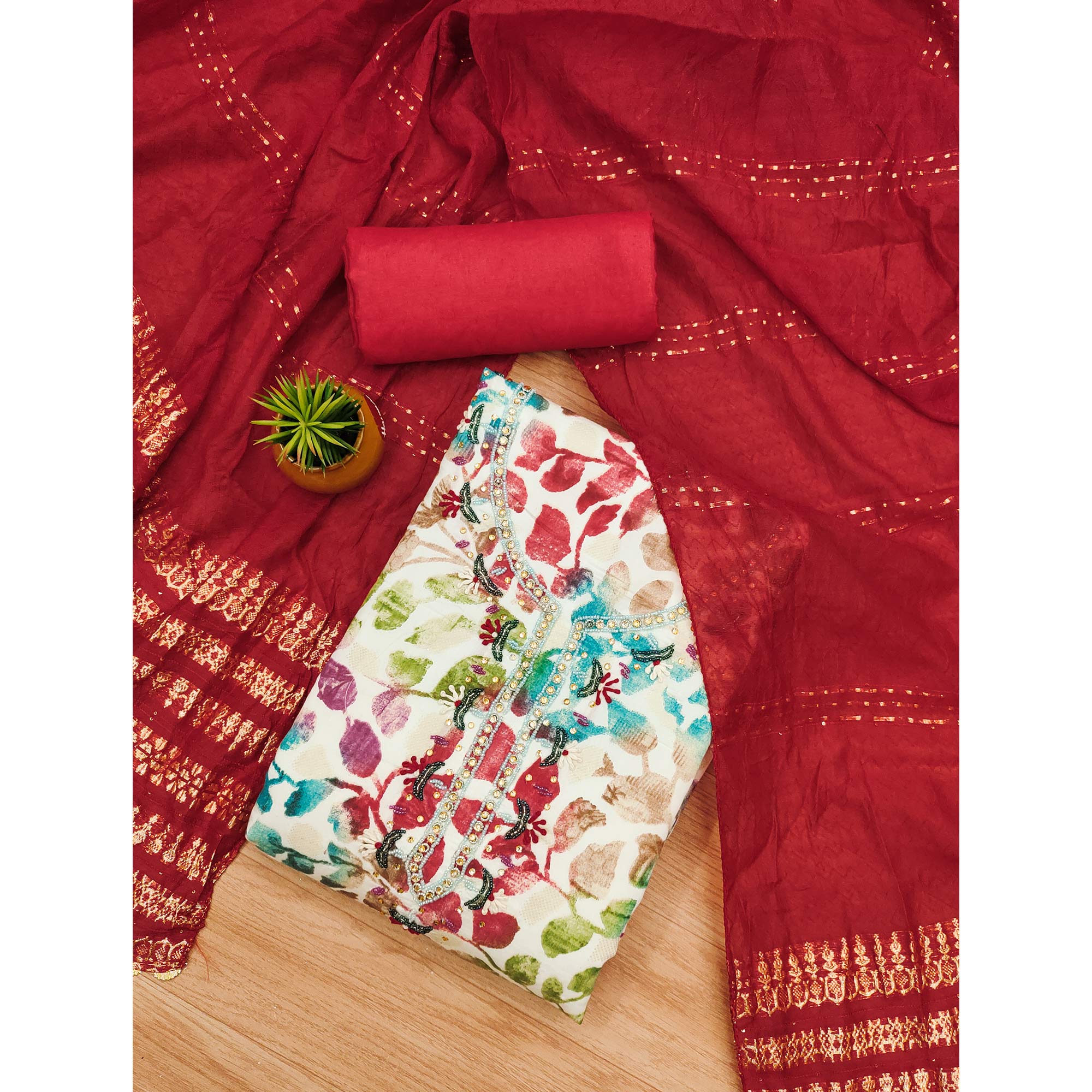 Maroon Floral Foil Printed With Handwork Modal Cotton Silk Dress Material