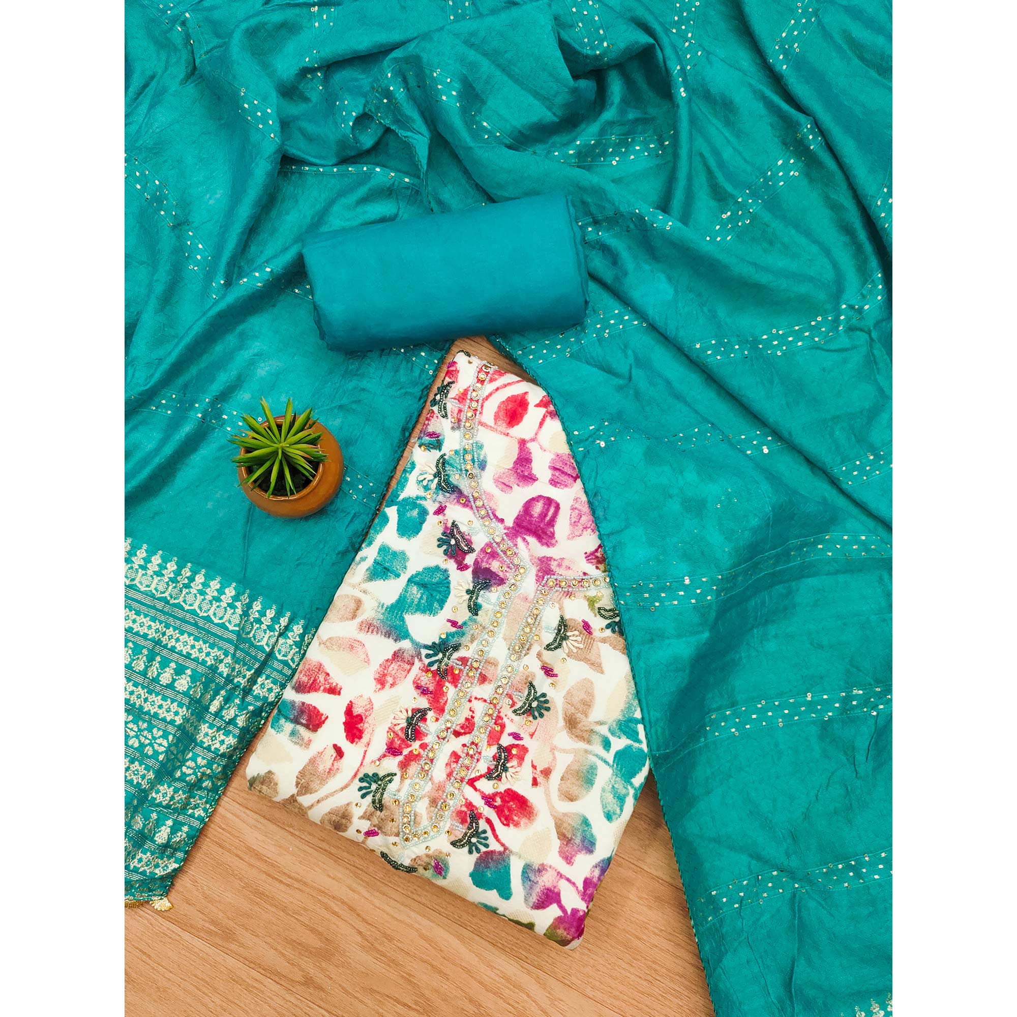Rama Blue Floral Foil Printed With Handwork Modal Cotton Silk Dress Material