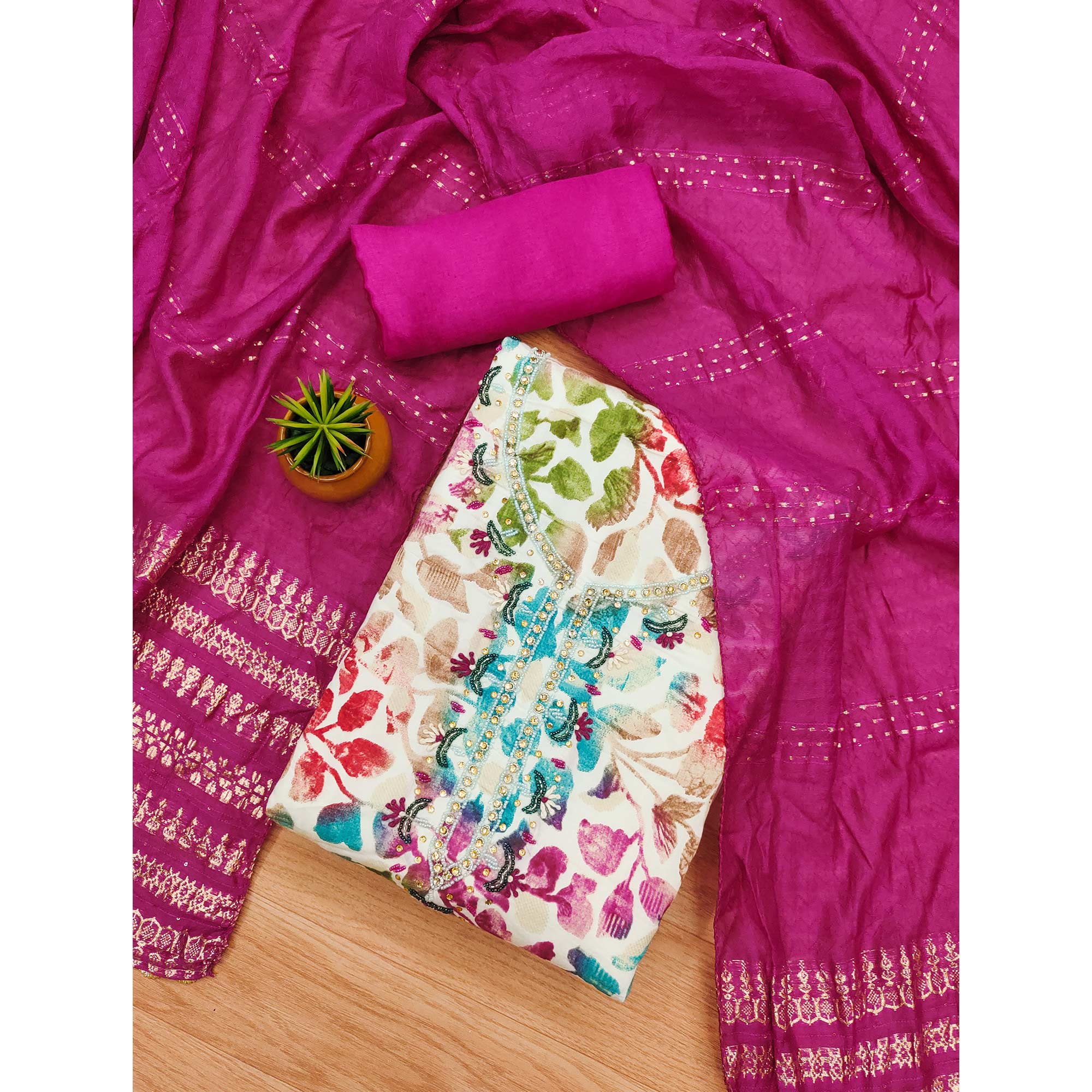 Rani Pink Floral Foil Printed With Handwork Modal Cotton Silk Dress Material