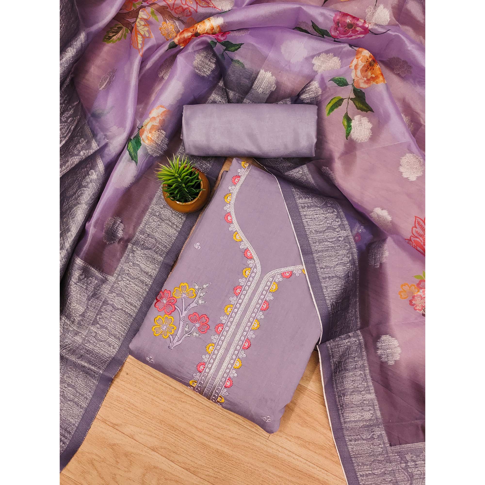 Purple Floral Sequins Embroidered Cotton Roman Silk Dress Material