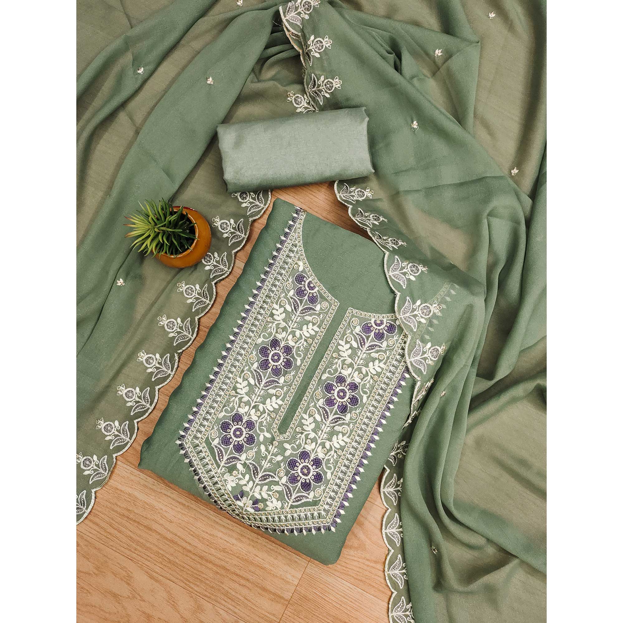 Green Floral Sequins Embroidered Georgette Dress Material