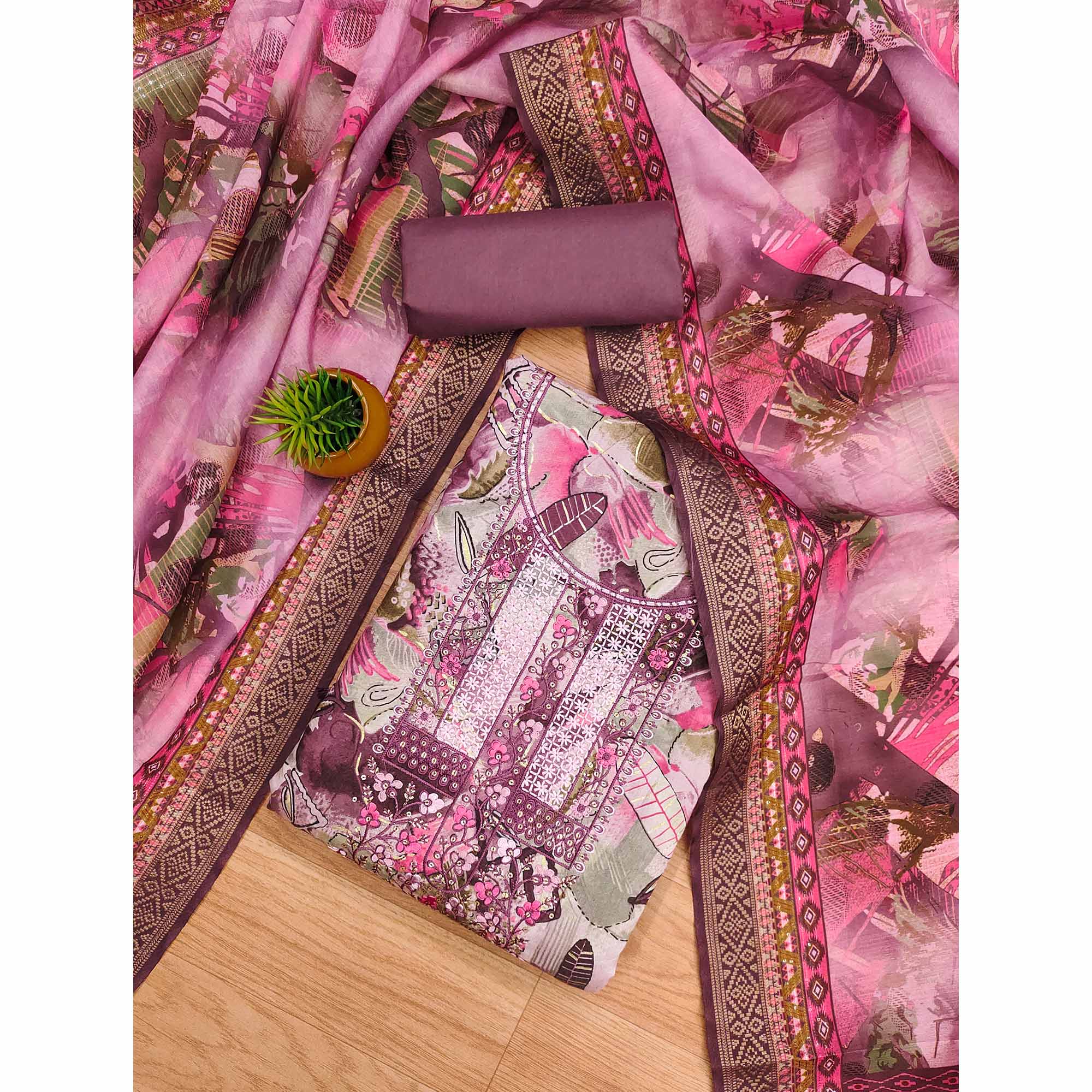 Wine Floral Foil Printed With Embroidery Modal Cotton Silk Dress Material