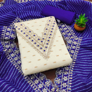 Off White & Blue Embroidered Chanderi Dress Material