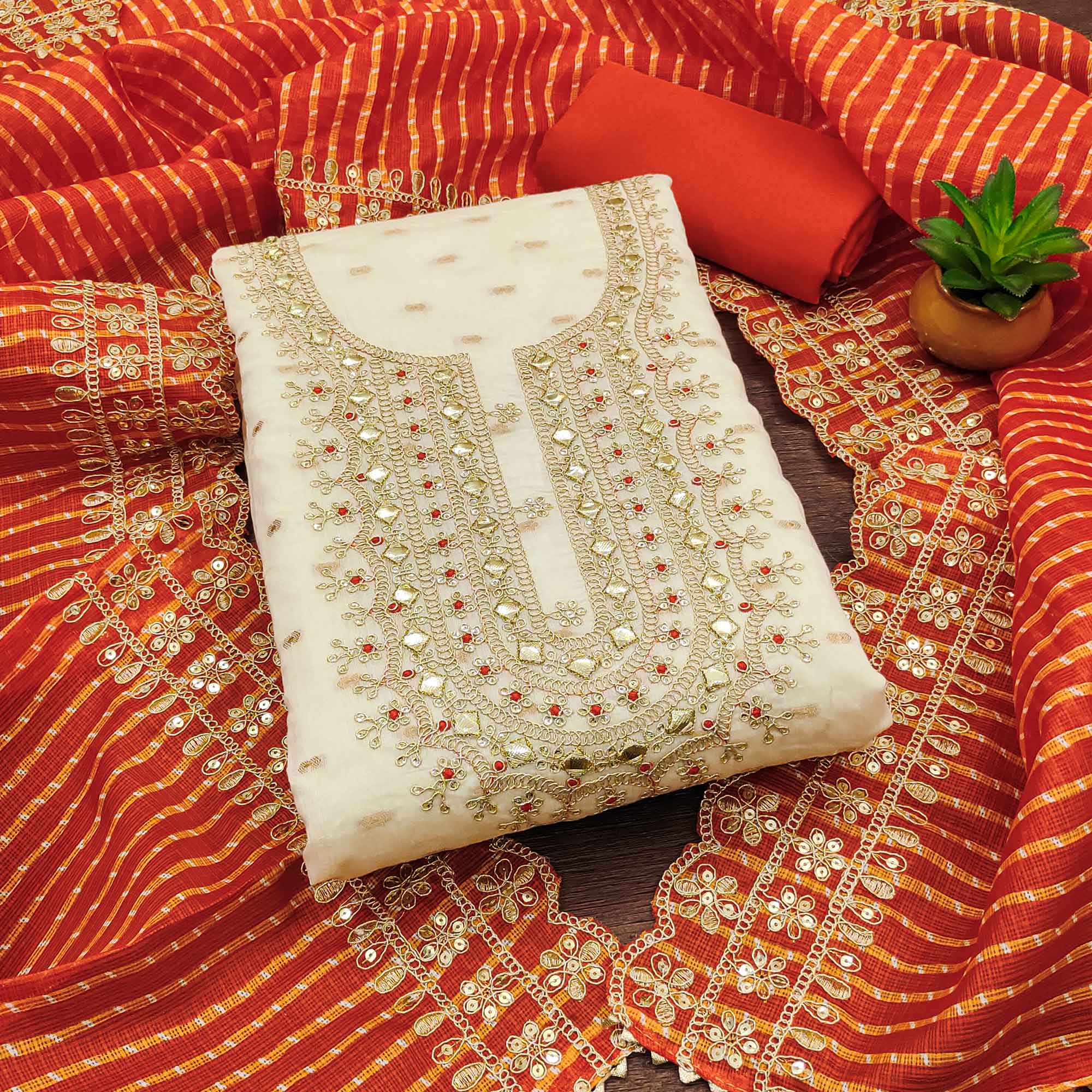 Off White & Orange Embroidered Chanderi Dress Material