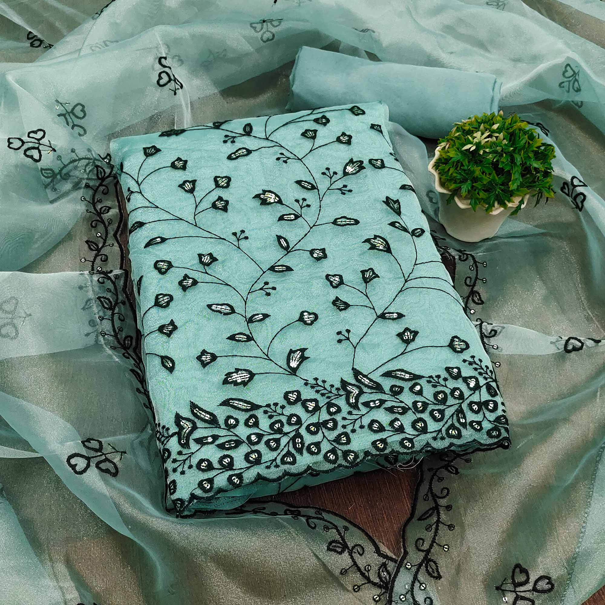 Blue Floral Sequins Embroidered Organza Dress Material