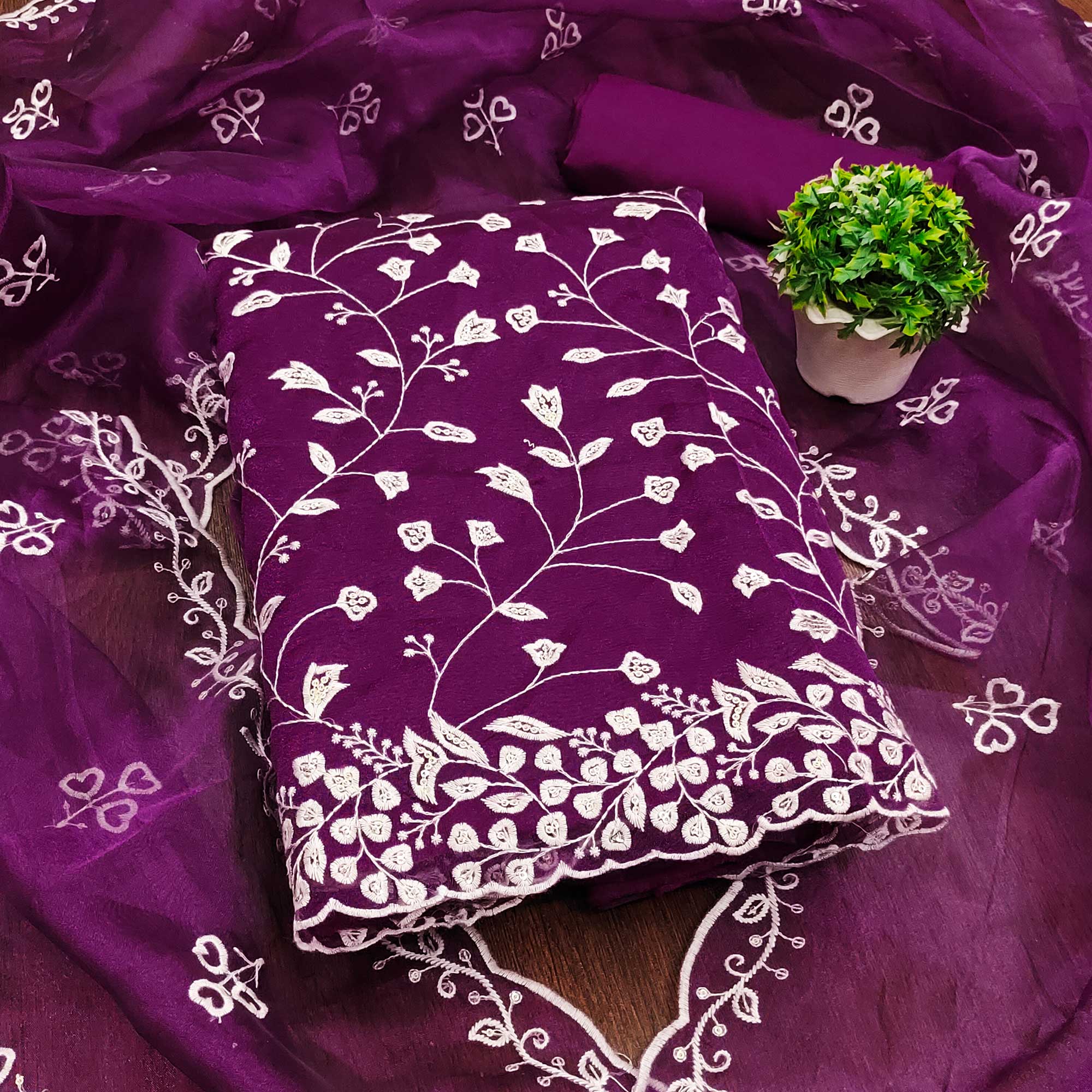 Wine Floral Sequins Embroidered Organza Dress Material