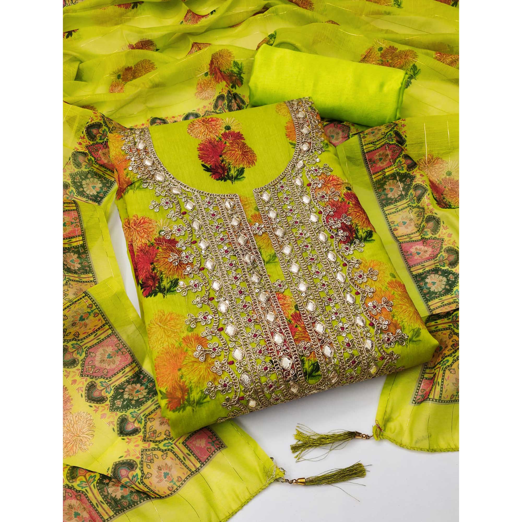 Green Floral Digital Printed With Sequins Embroidery Georgette Dress Material