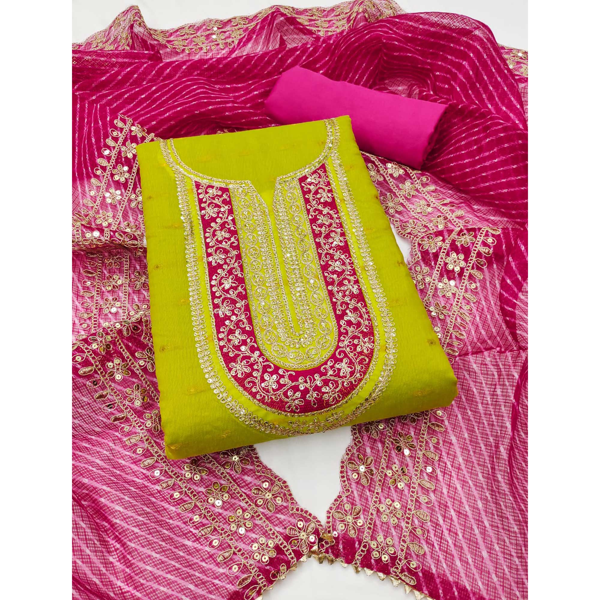 Green Woven With Sequins Embroidery Chanderi Dress Material