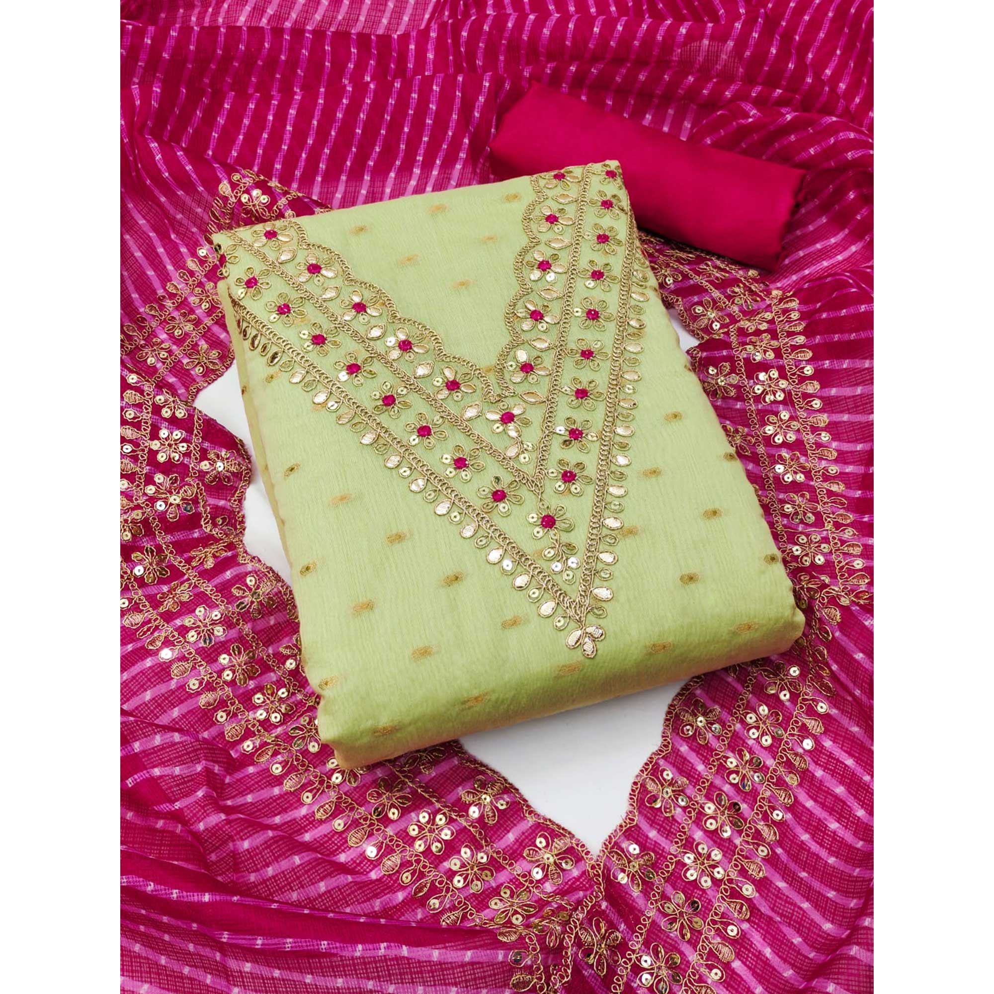 Pista Green Woven With Sequins Embroidery Chanderi Dress Material