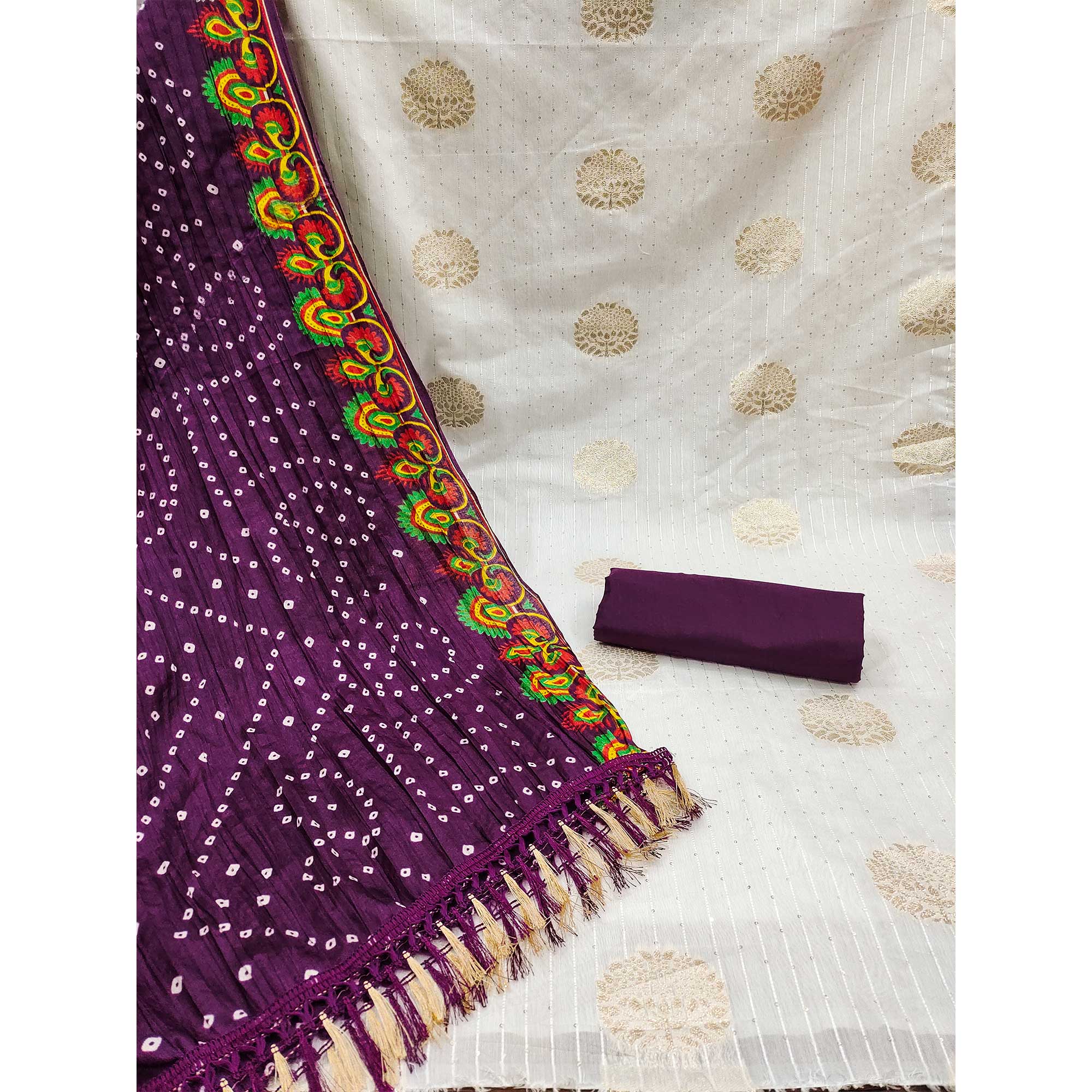 White & Wine Sequins Embroidered With Woven Jacquard Dress Material