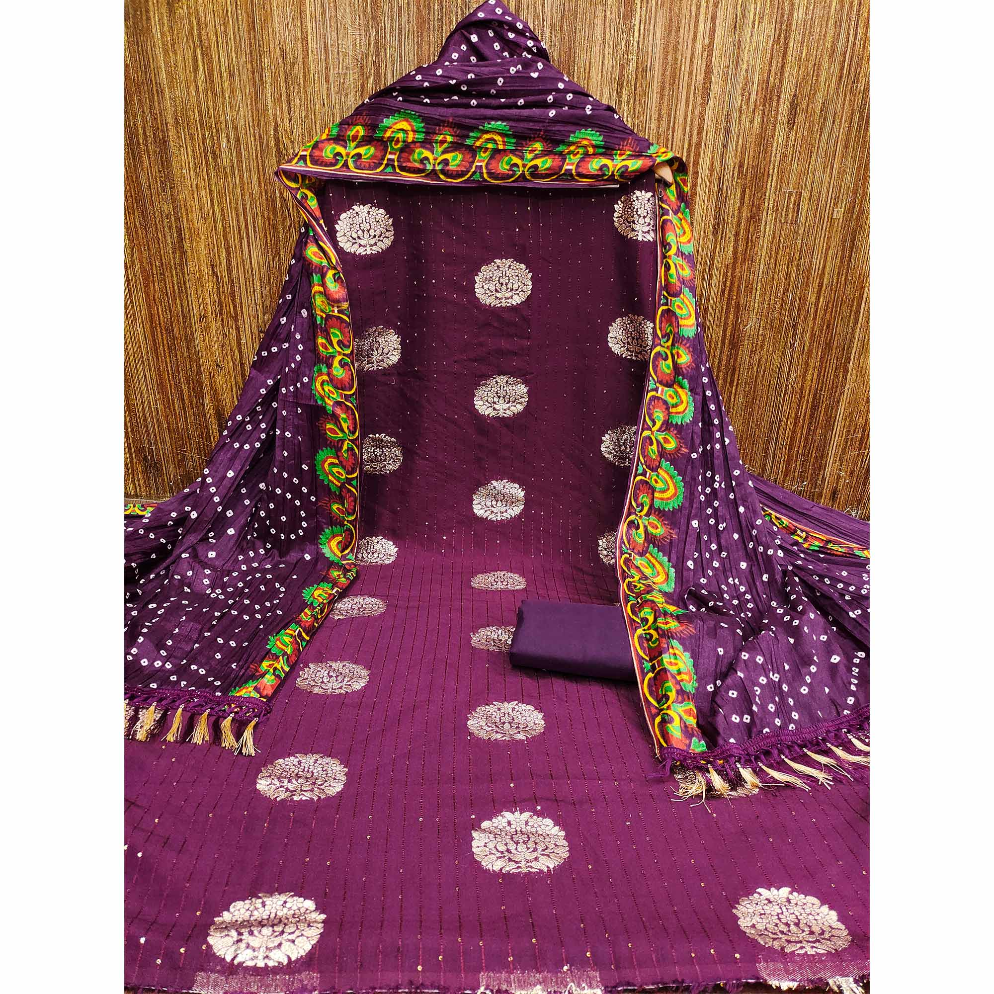 Wine Sequins Embroidered With Woven Jacquard Dress Material