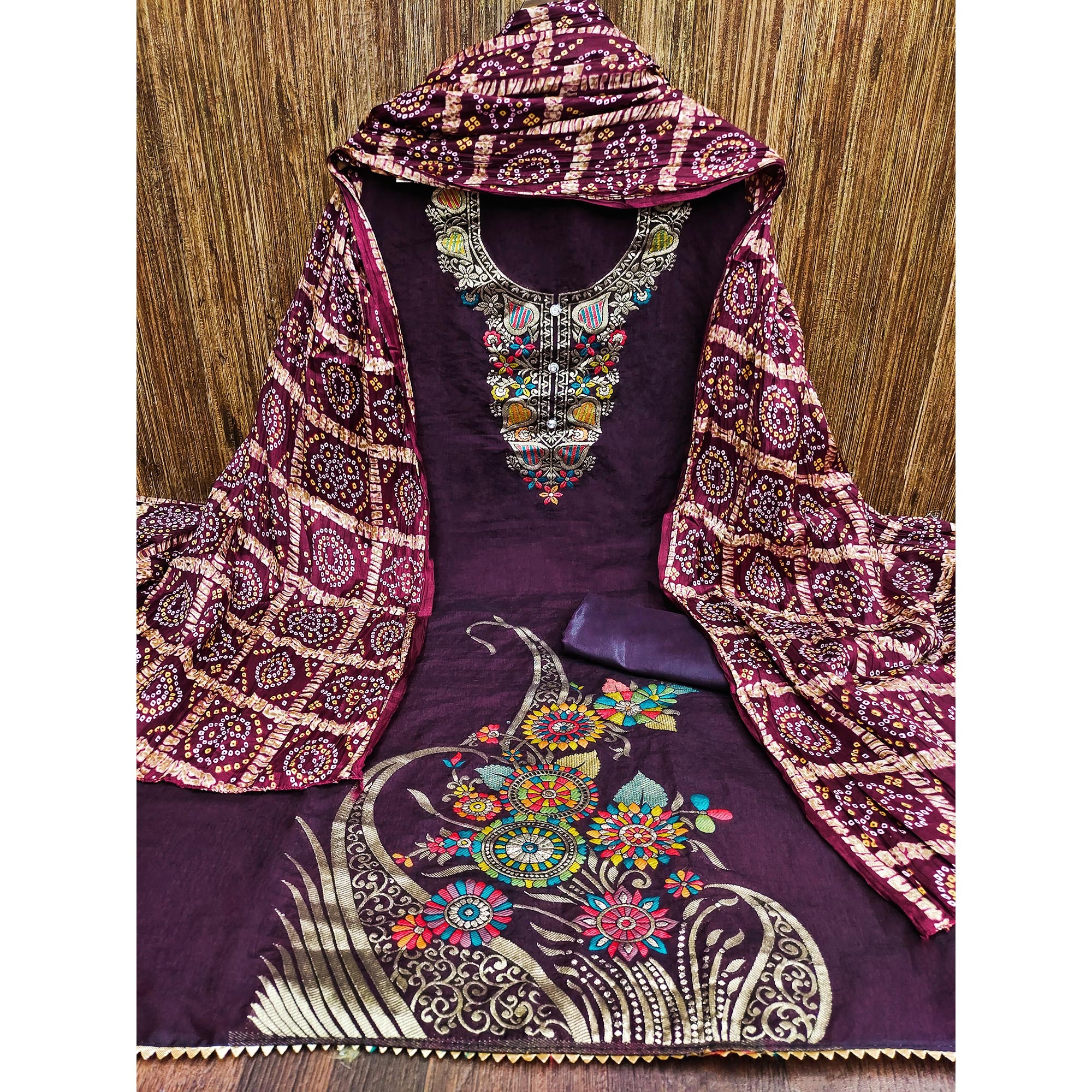 Purple Floral Woven Chanderi Jacquard Dress Material