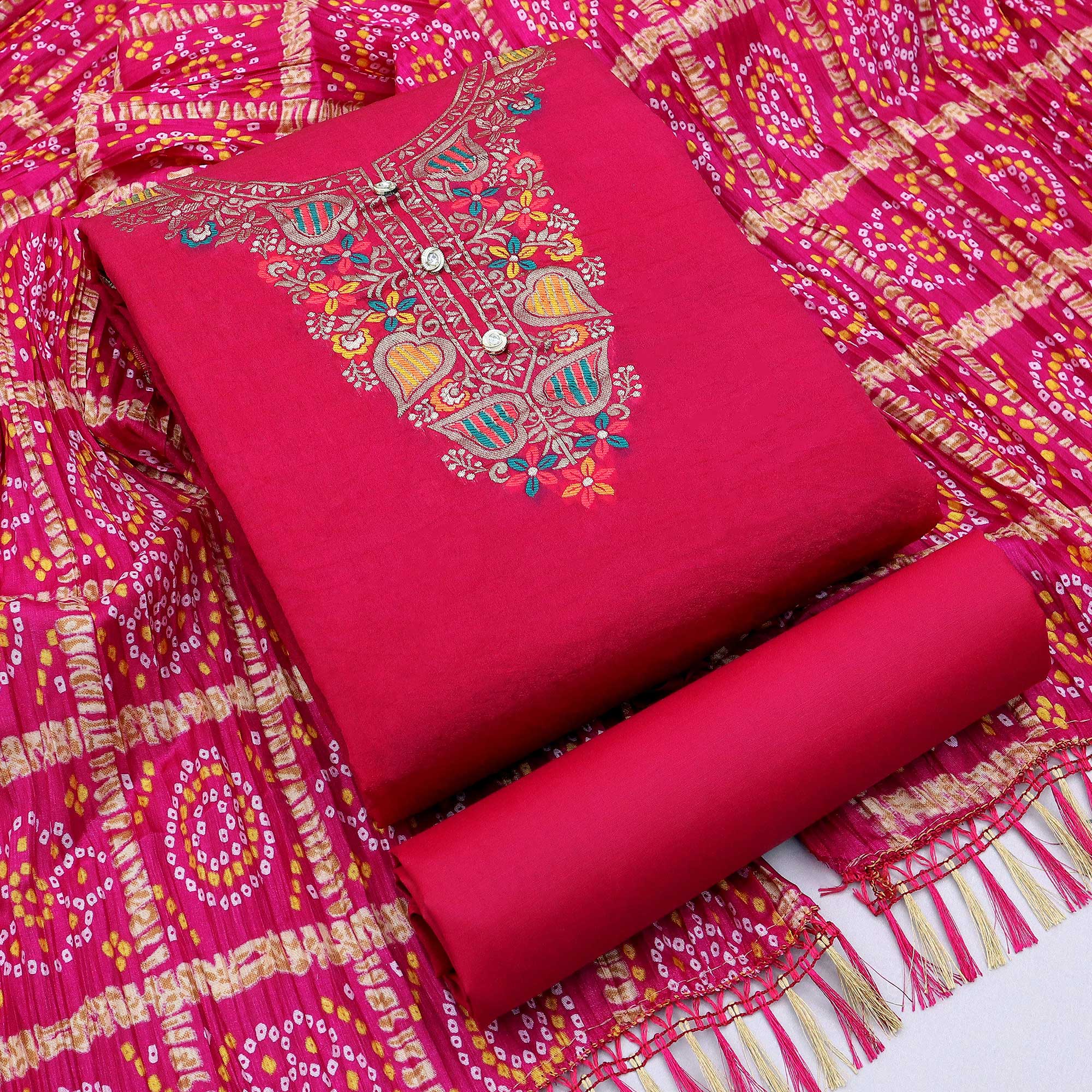 Rani Pink Floral Woven Chanderi Jacquard Dress Material
