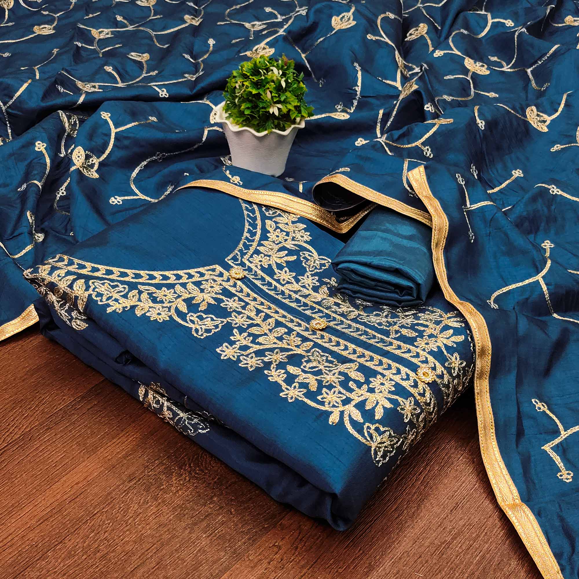 Blue Floral Embroidered Art Silk Dress Material