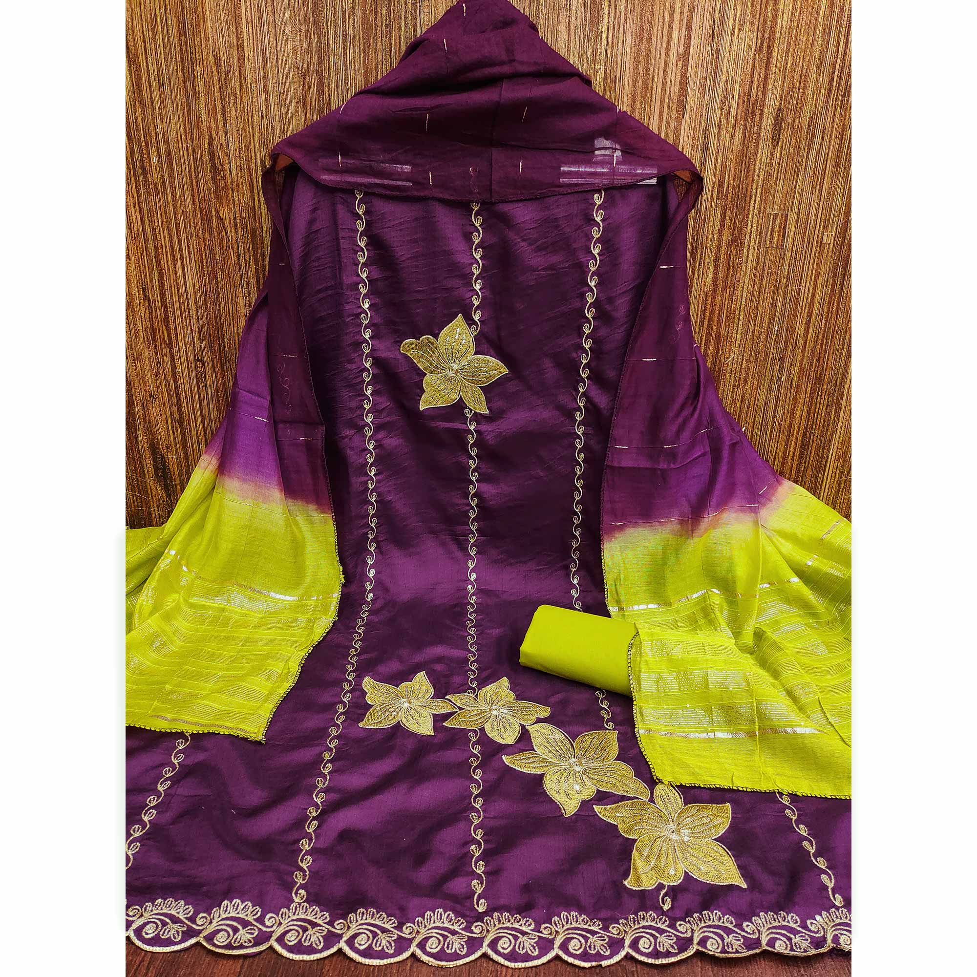 Purple Floral Sequins Embroidered Art Silk Dress Material