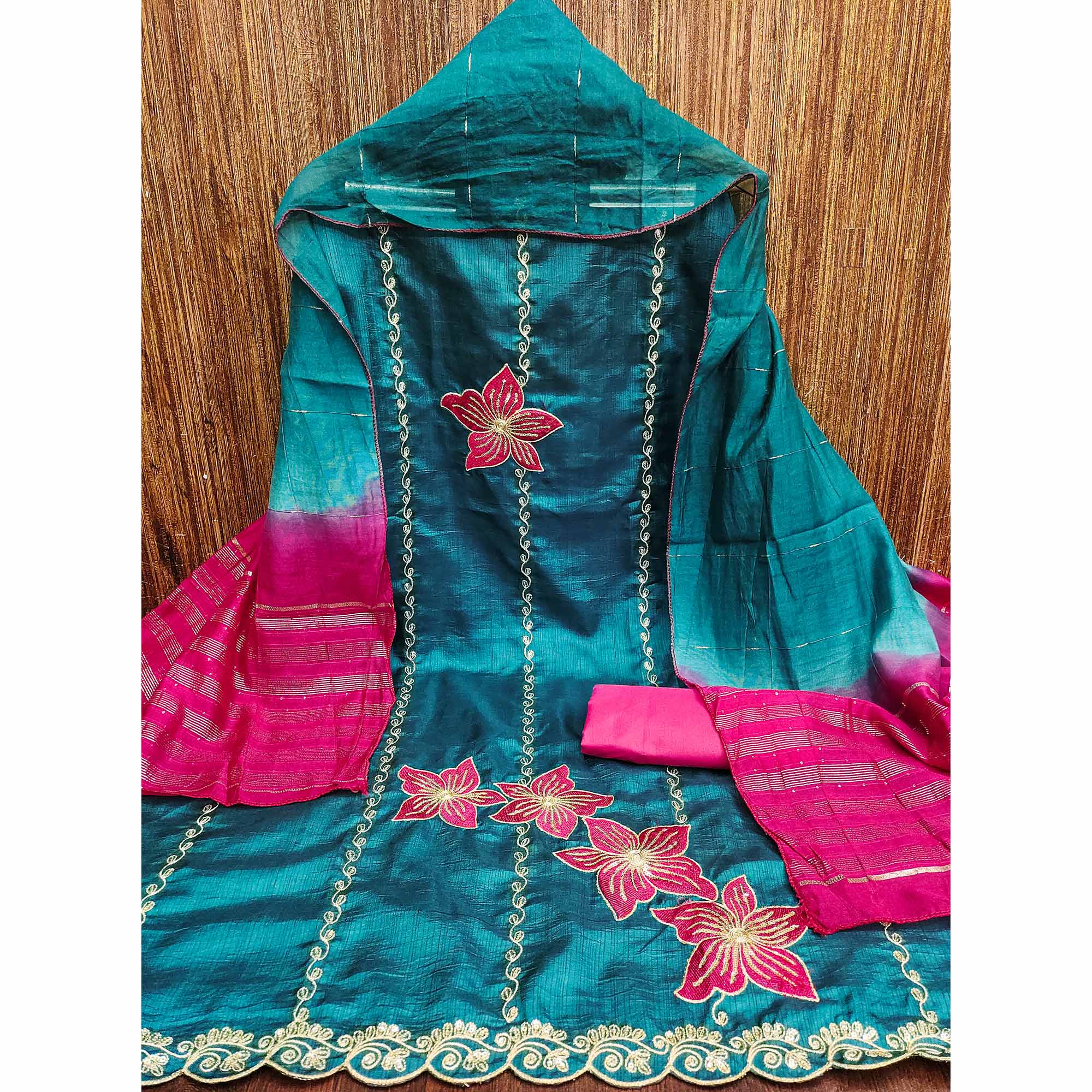 Rama Blue Floral Sequins Embroidered Art Silk Dress Material