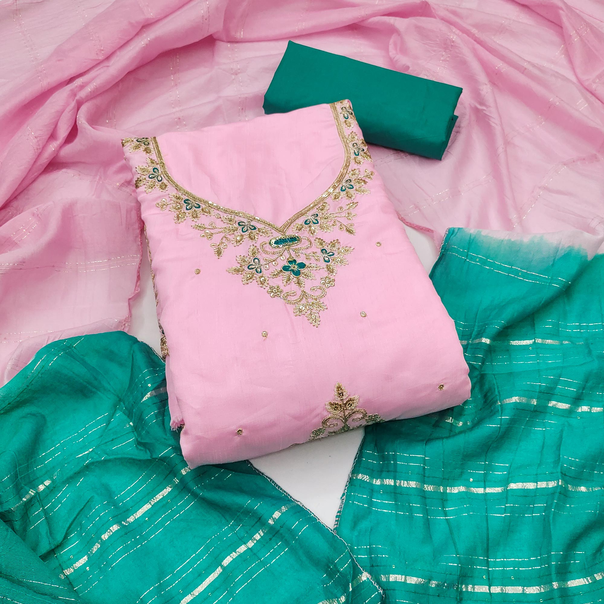 Pink Floral Sequins Embroidered Art Silk Dress Material