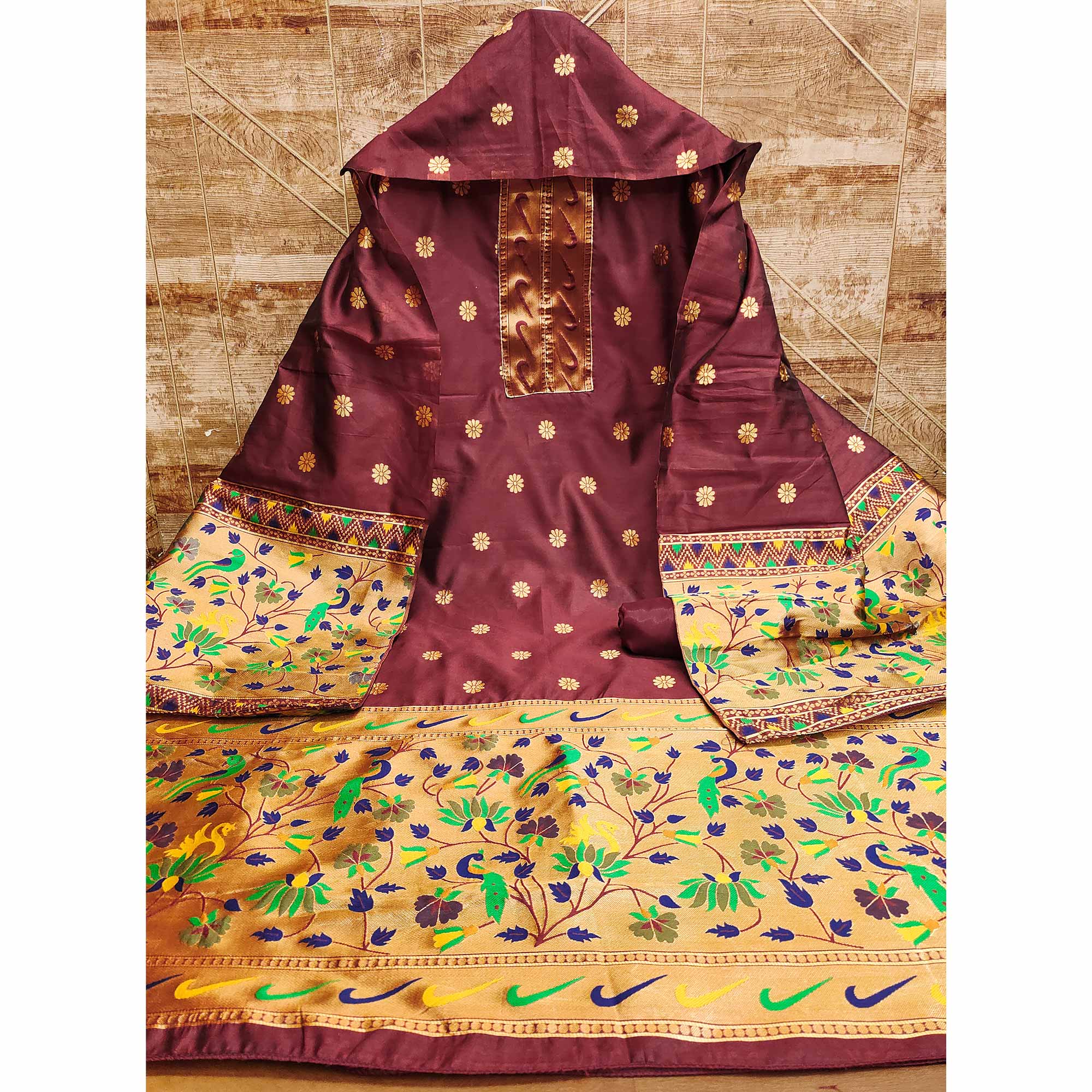 Maroon Floral Woven Paithani Banarasi Silk Dress Material