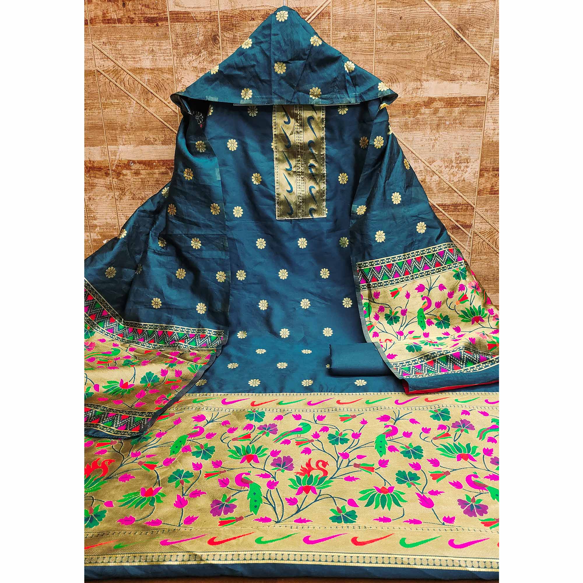 Morpich Blue Floral Woven Paithani Banarasi Silk Dress Material