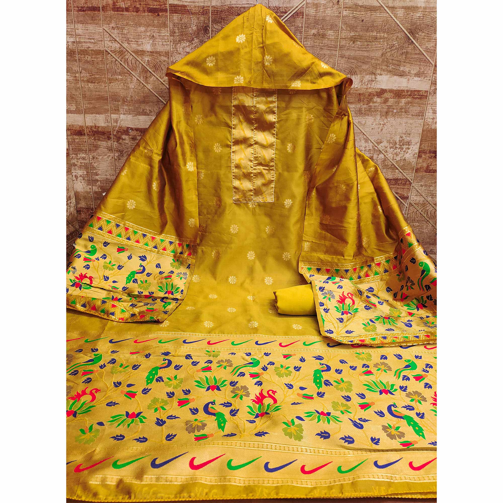 Mustard Floral Woven Paithani Banarasi Silk Dress Material