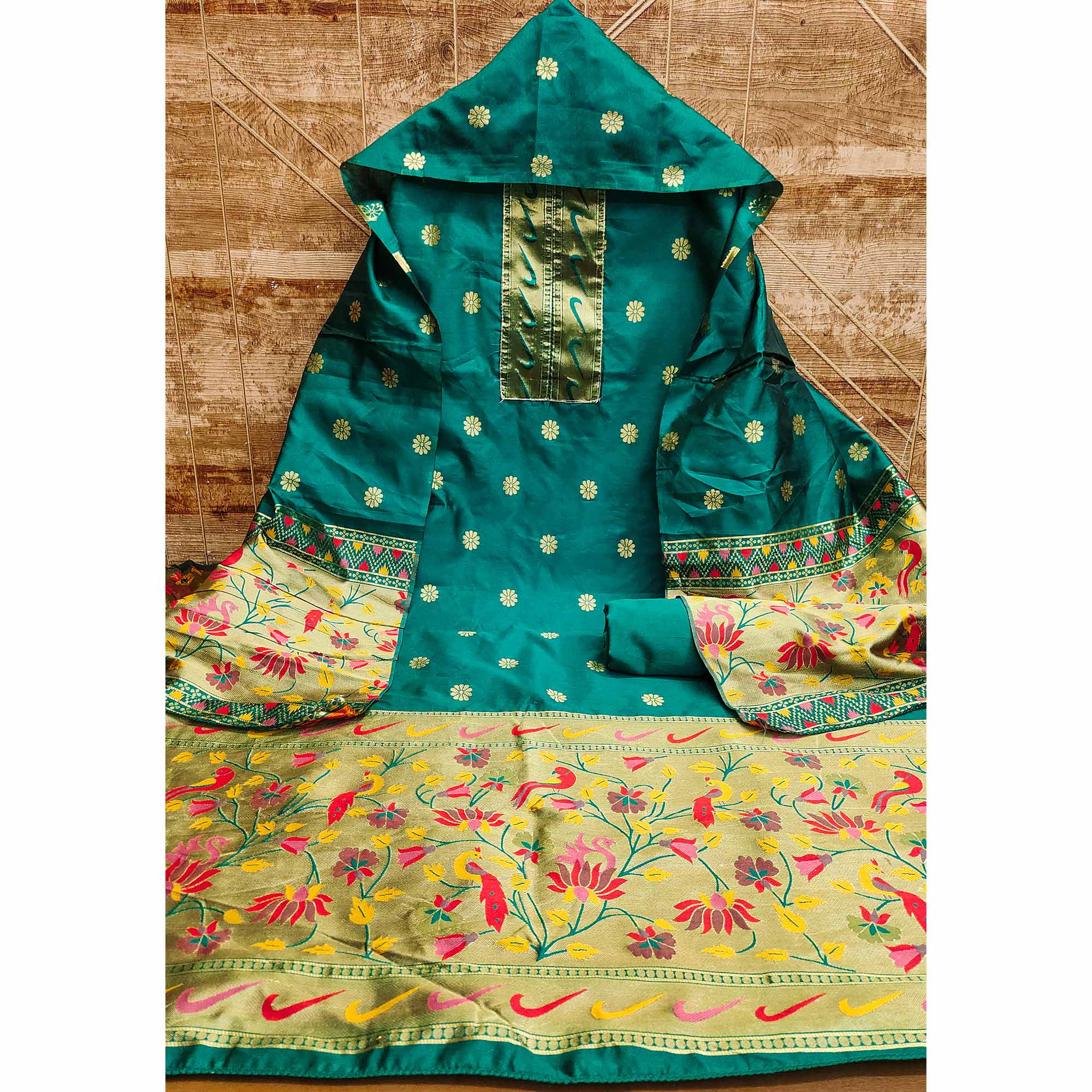 Rama Green Floral Woven Paithani Banarasi Silk Dress Material