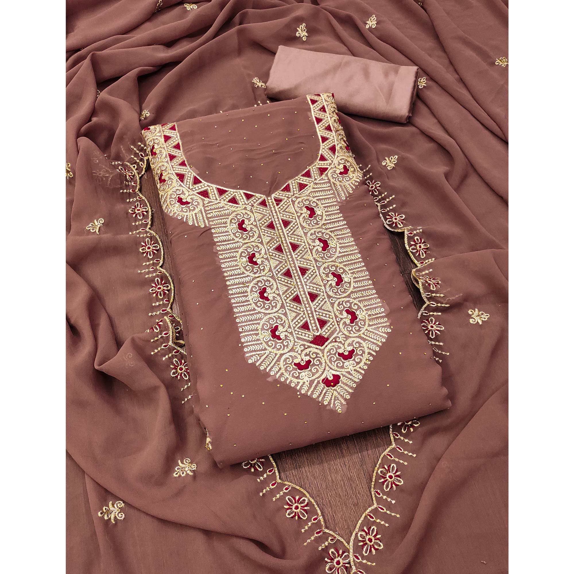 Brown Floral Embroidered With Stonework Georgette Dress Material