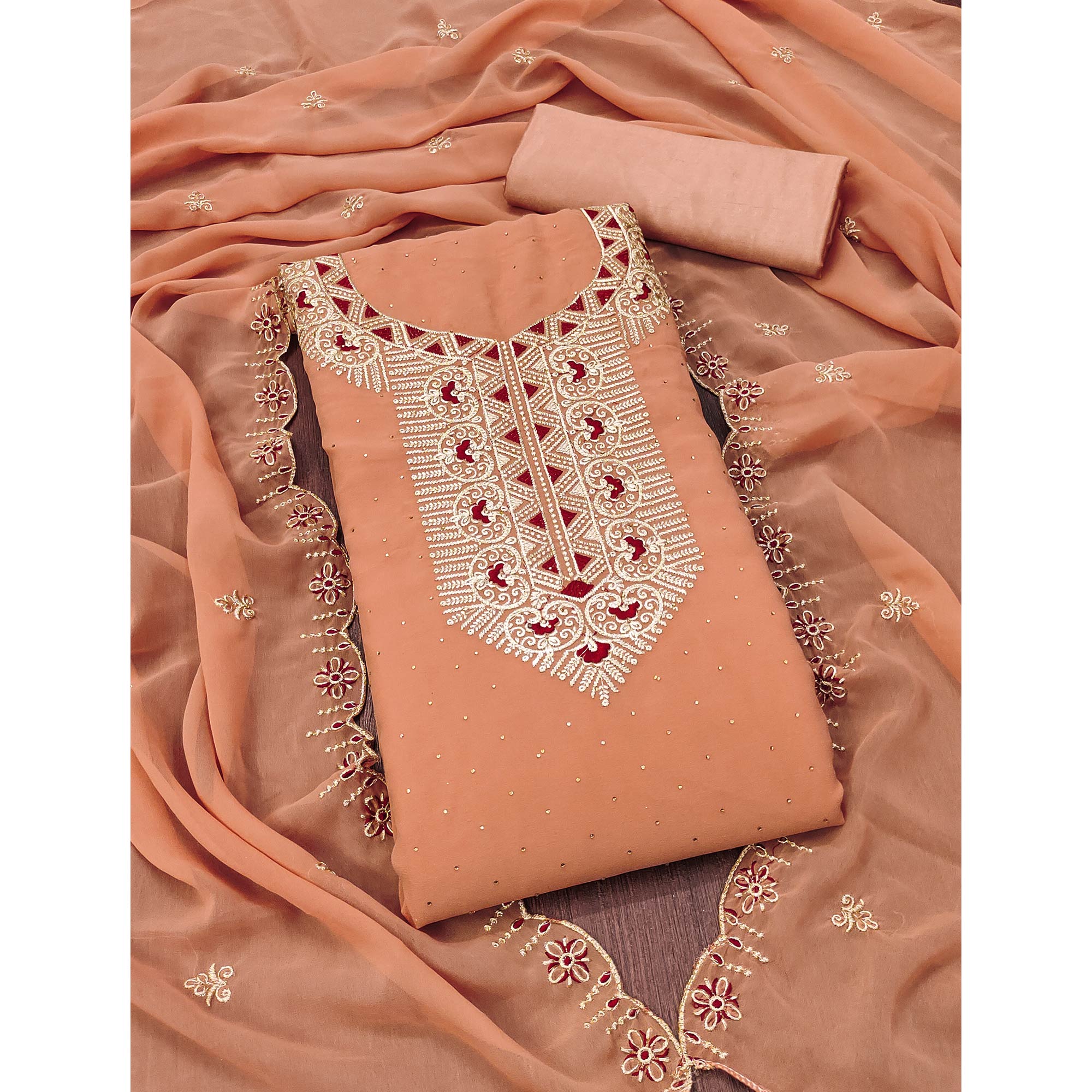 Peach Floral Embroidered With Stonework Georgette Dress Material
