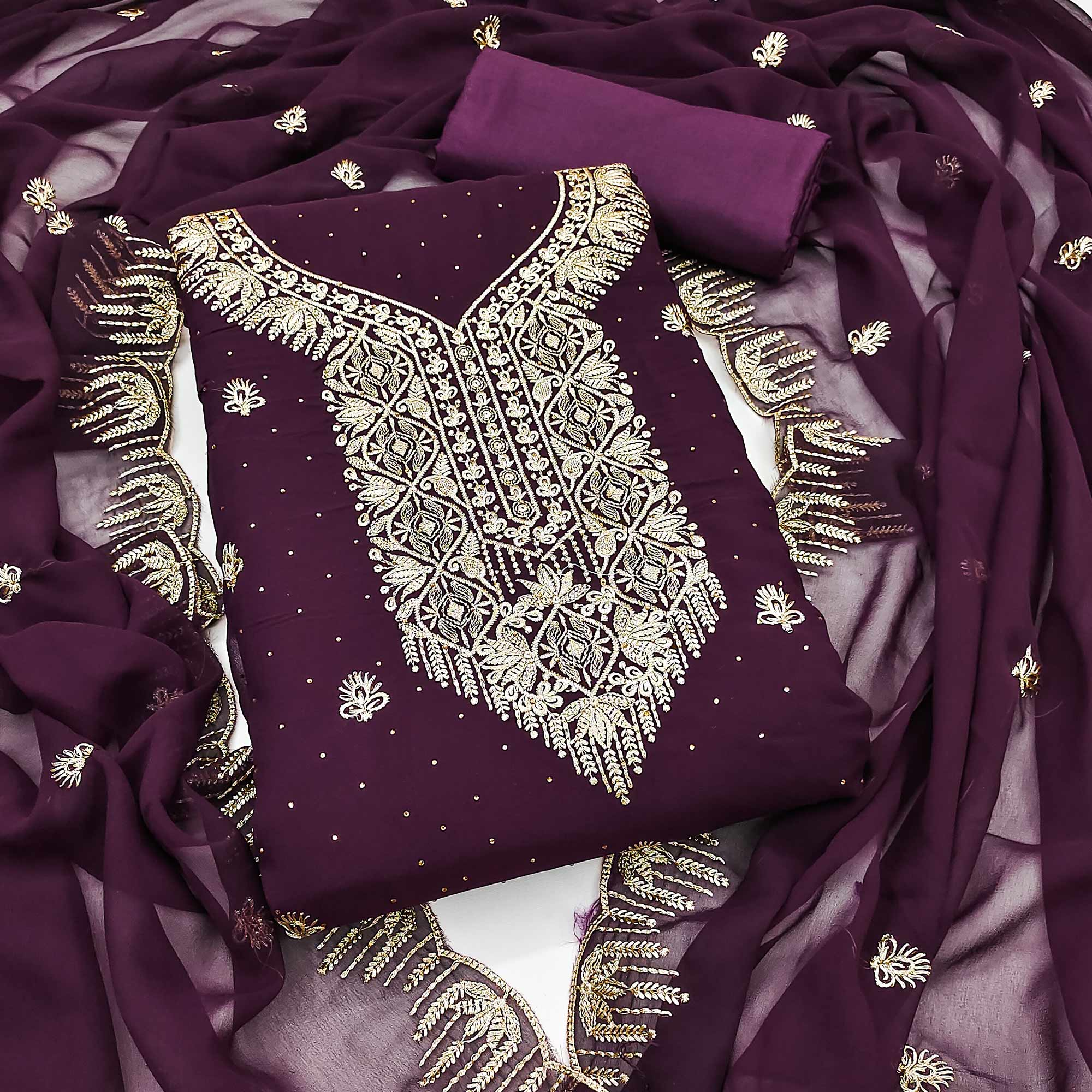 Wine Floral Embroidered With Stonework Georgette Dress Material