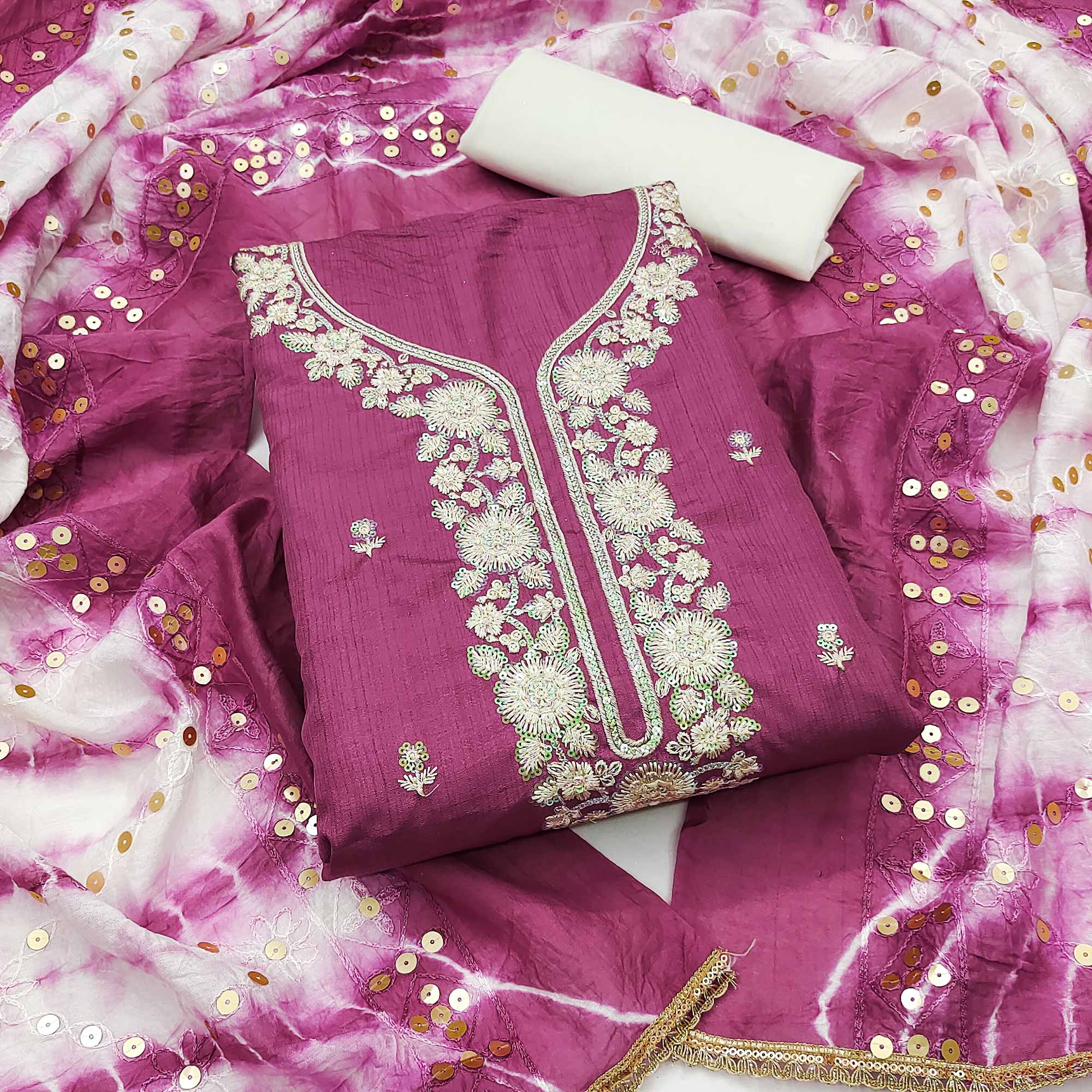 Purple Floral Sequins Embroidered Art Silk Dress Material