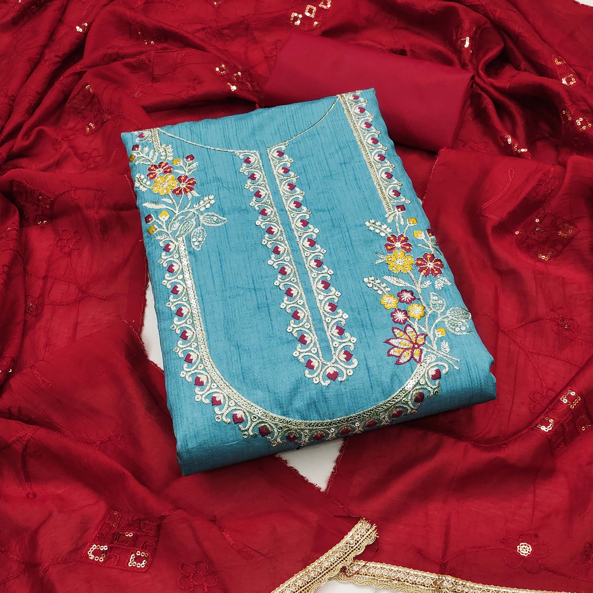 Blue Floral Sequins Embroidered Art Silk Dress Material