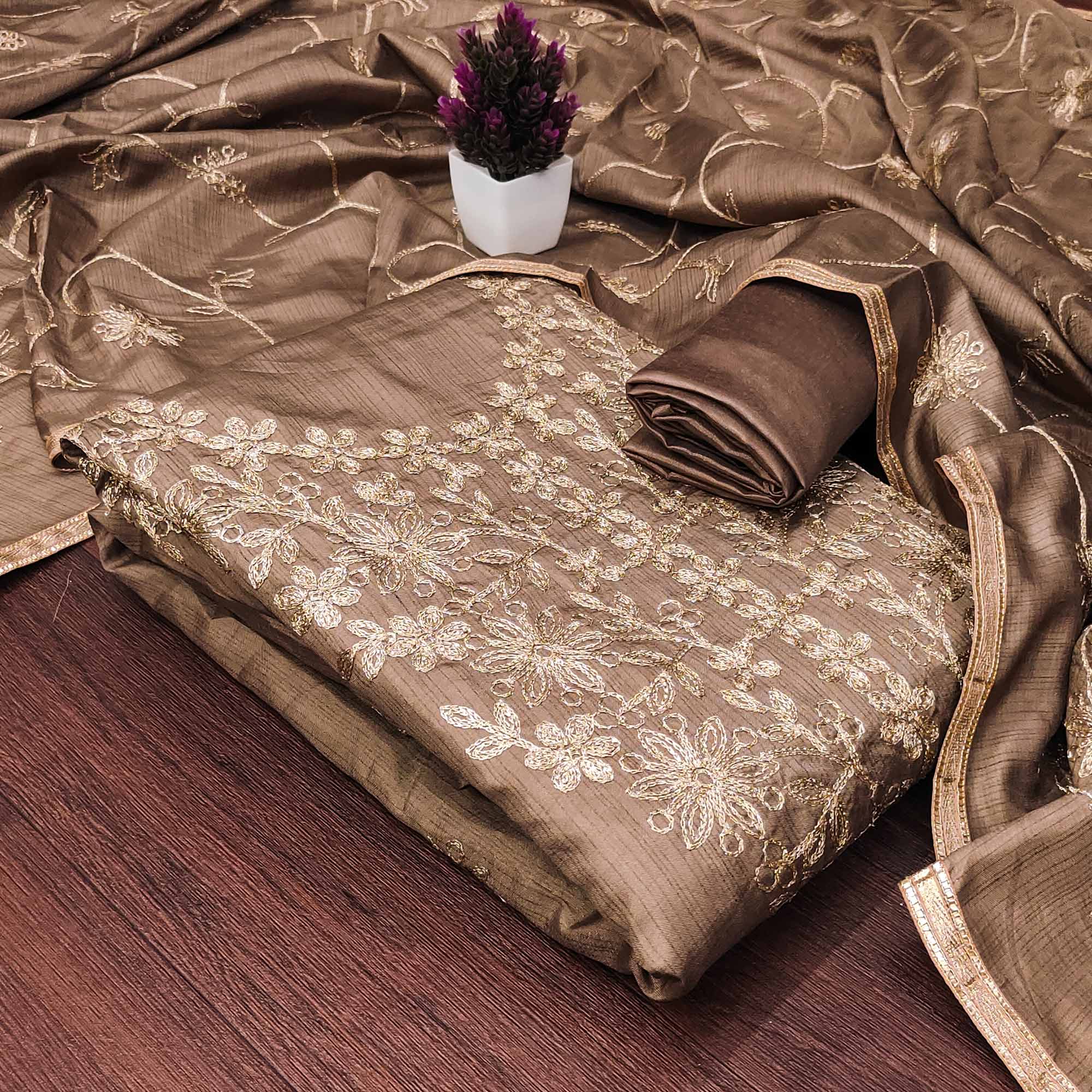 Chikoo Floral Embroidered Art Silk Dress Material