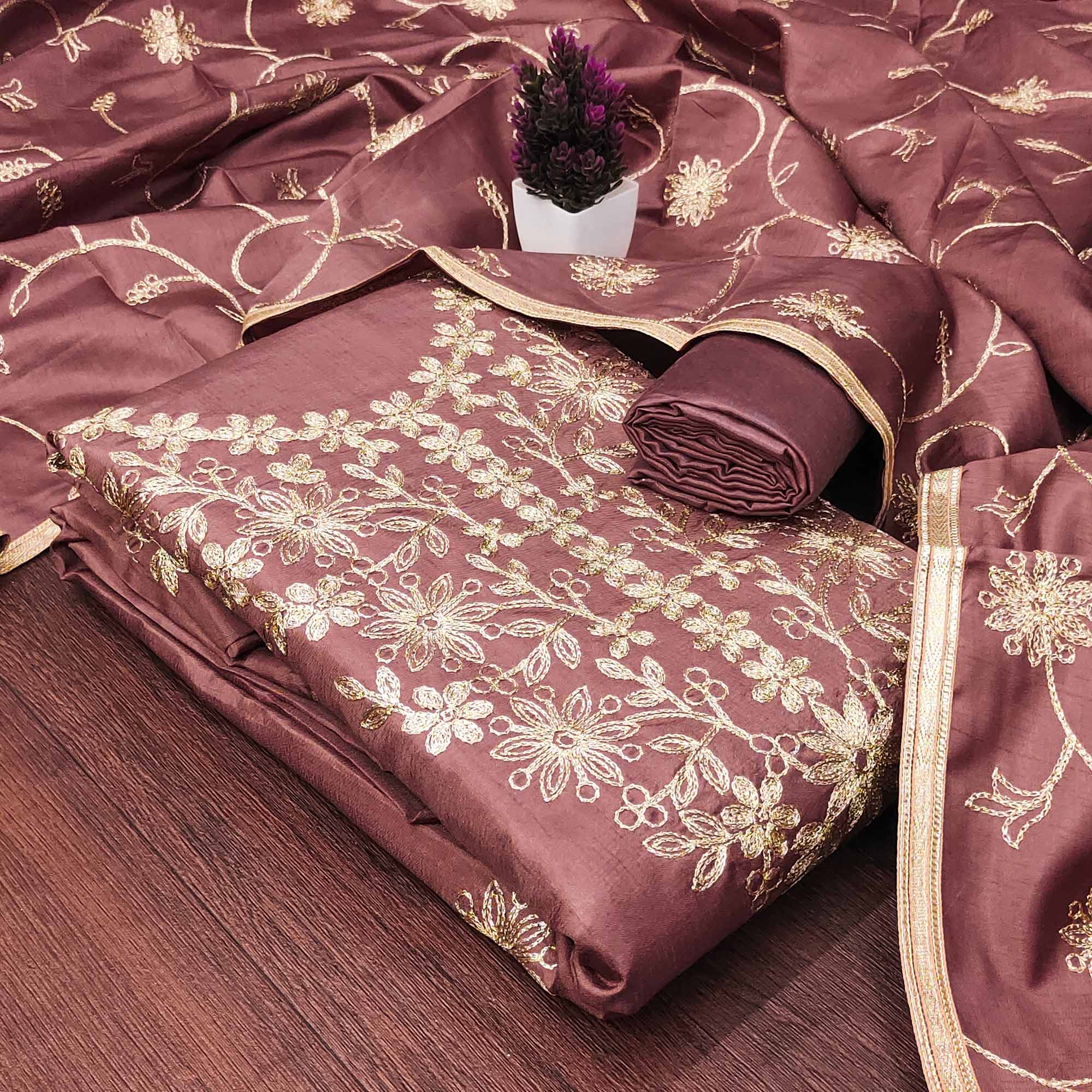 Dusty Rose Pink Floral Embroidered Art Silk Dress Material