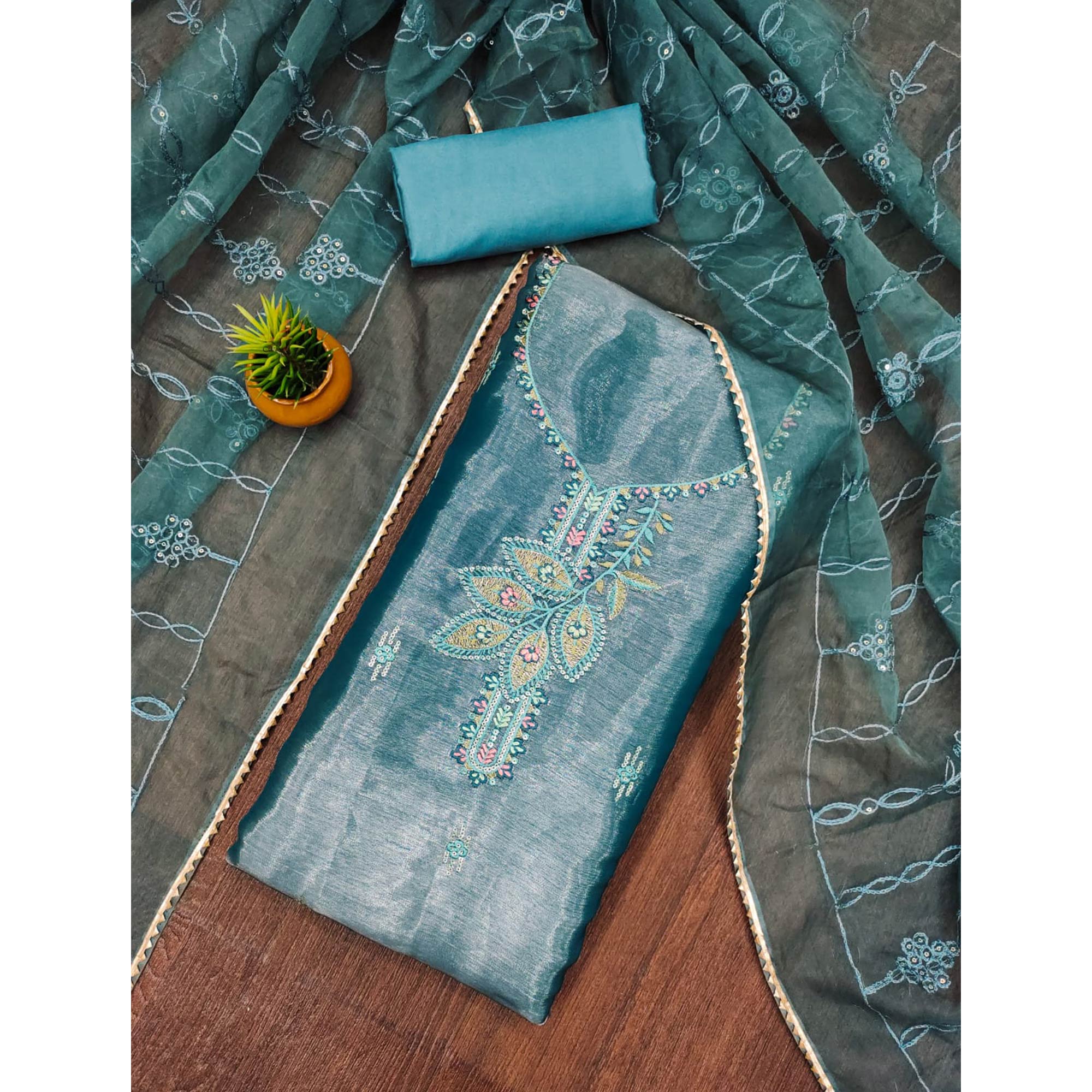 Blue Floral Sequins Embroidered Banarasi Silk Dress Material