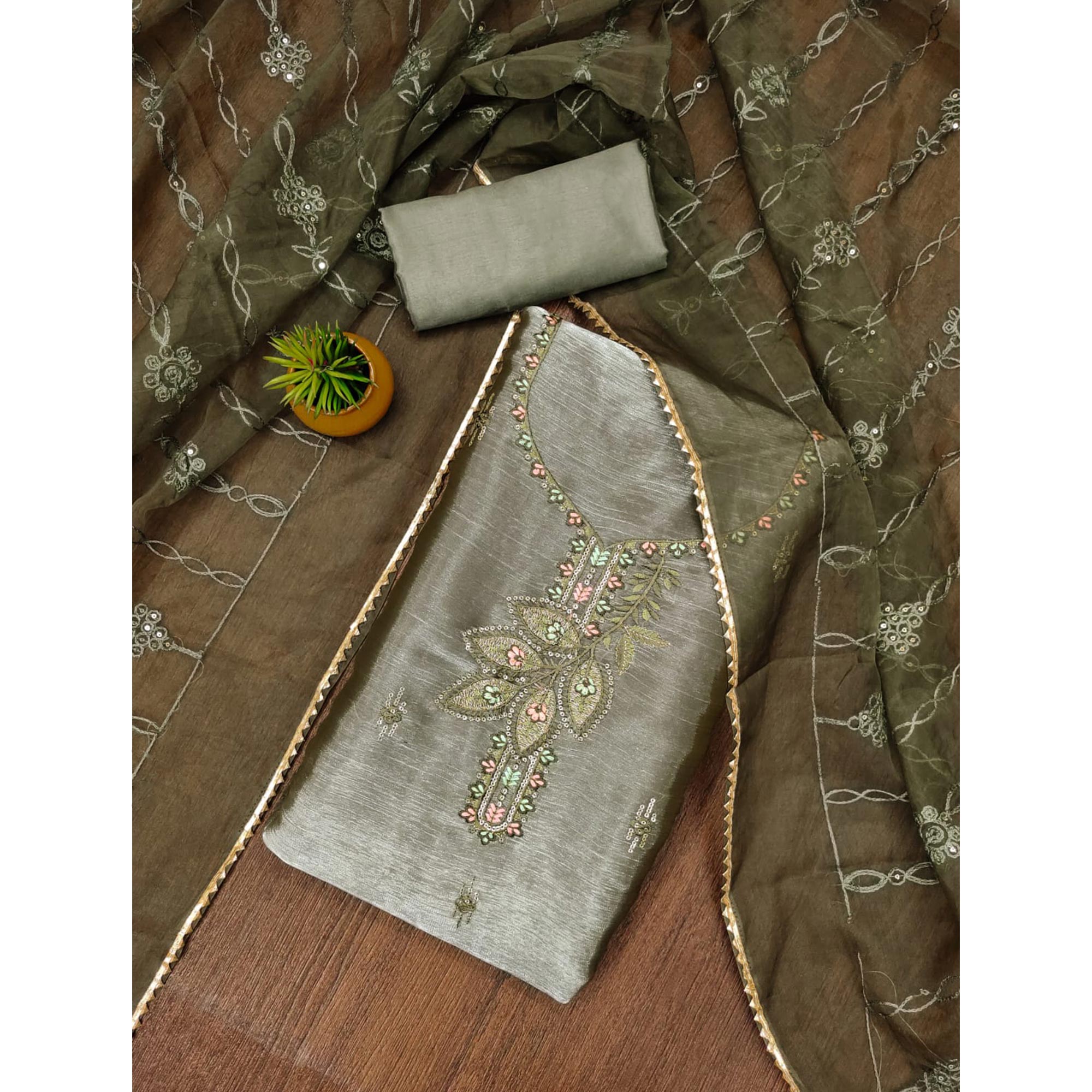 Green Floral Sequins Embroidered Banarasi Silk Dress Material