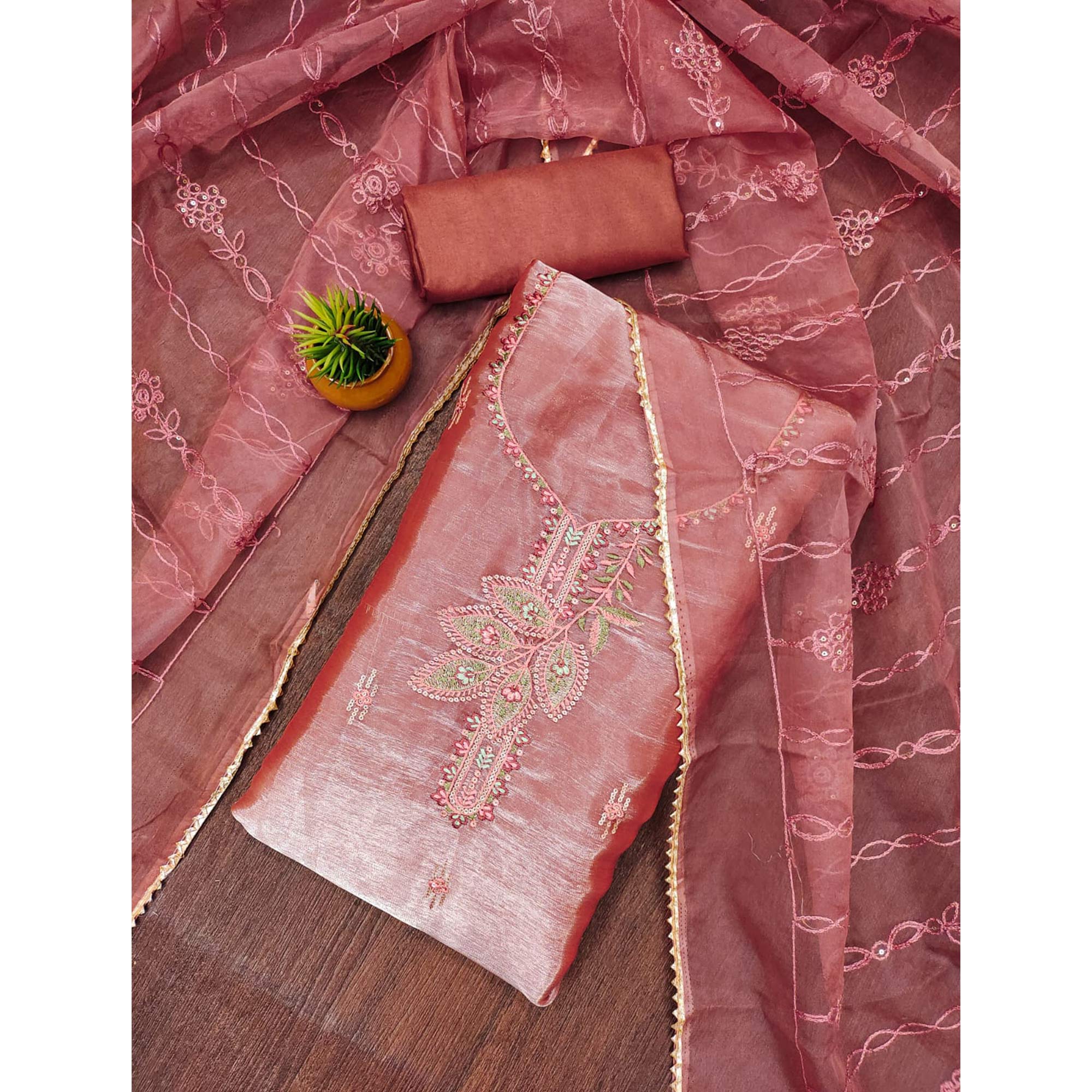 Rust Floral Sequins Embroidered Banarasi Silk Dress Material