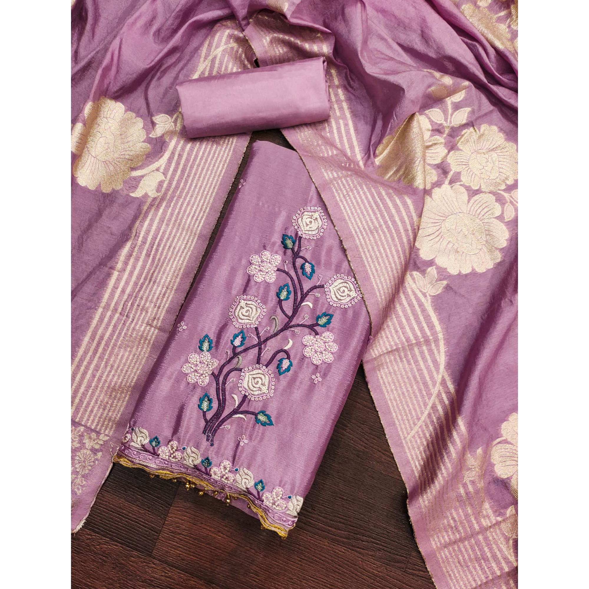 Lilac Purple Floral Embroidered Chinon Silk Dress Material