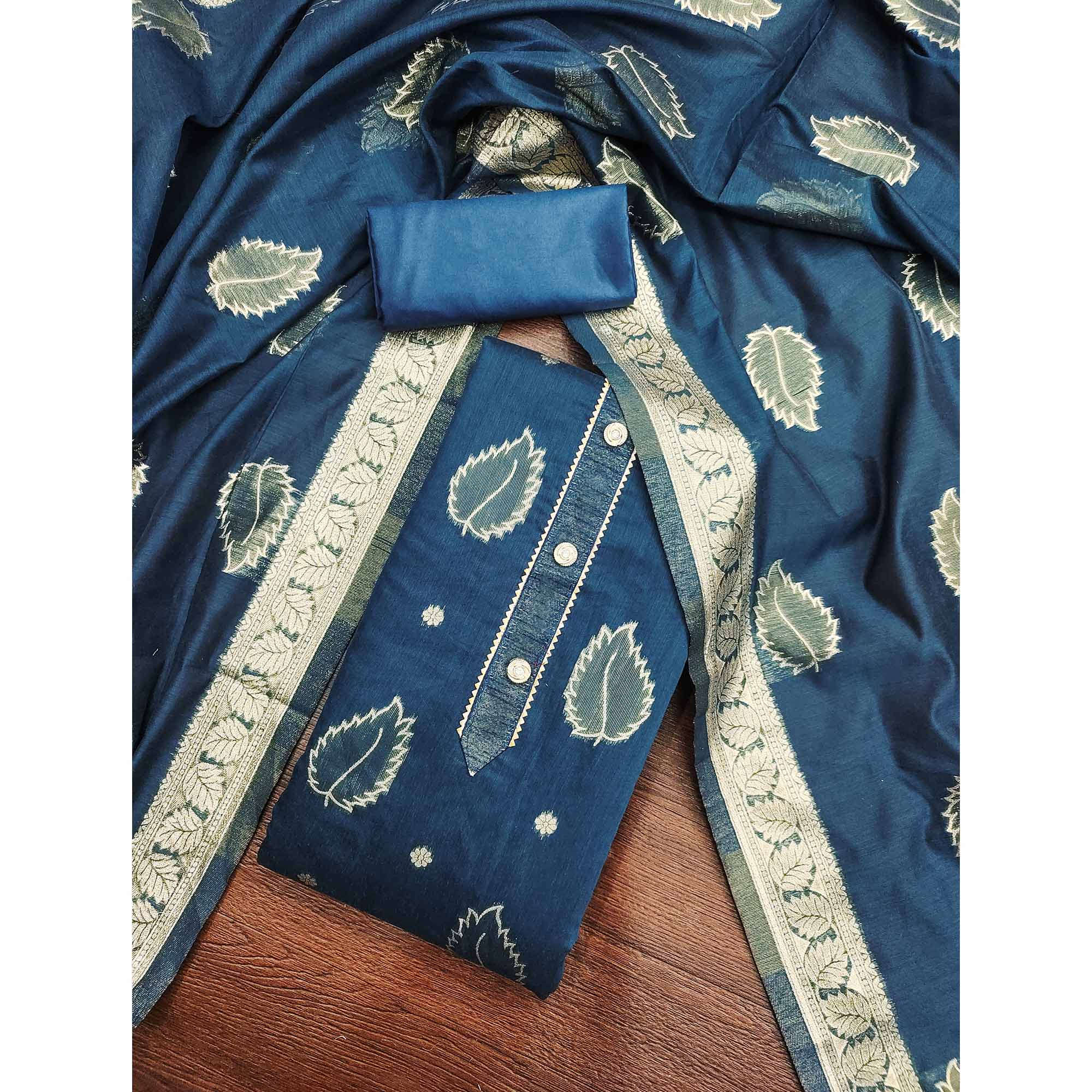 Blue Floral Woven Shimmer Jacquard Dress Material