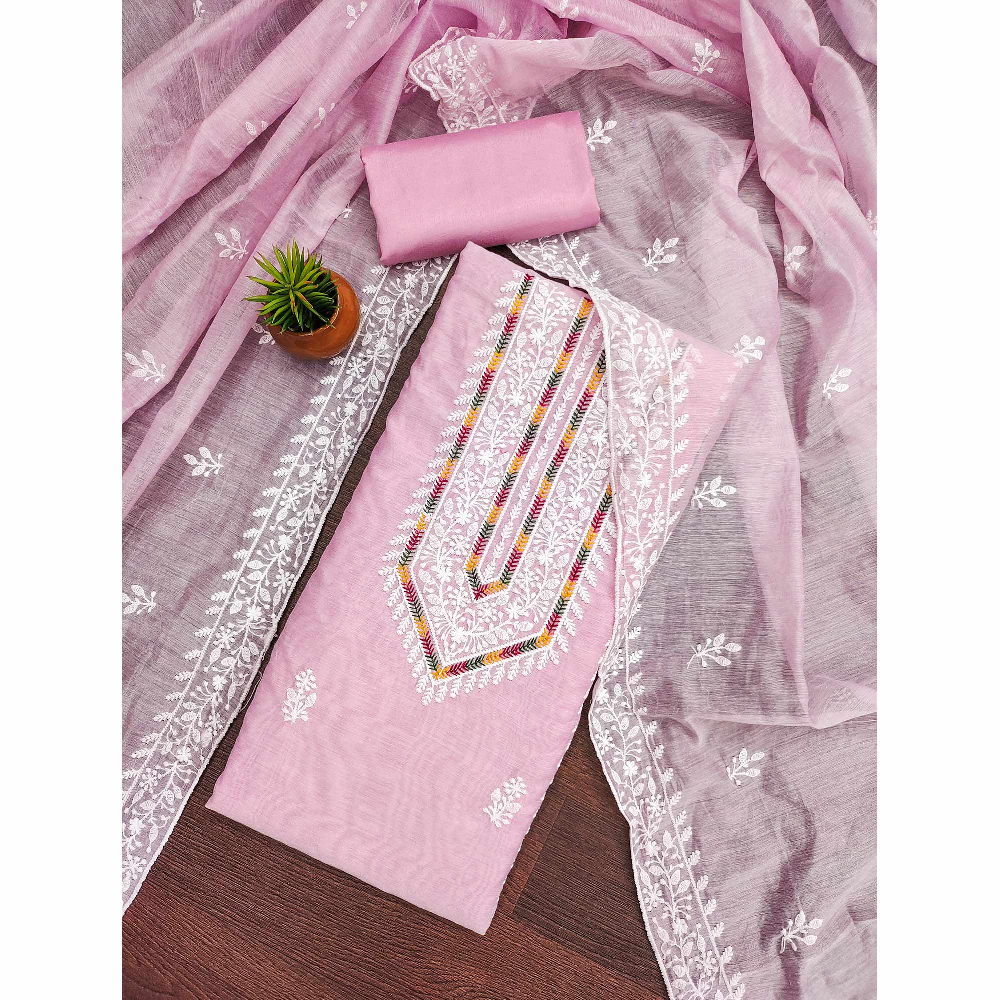 Pink Floral Embroidered Modal Chanderi Silk Dress Material