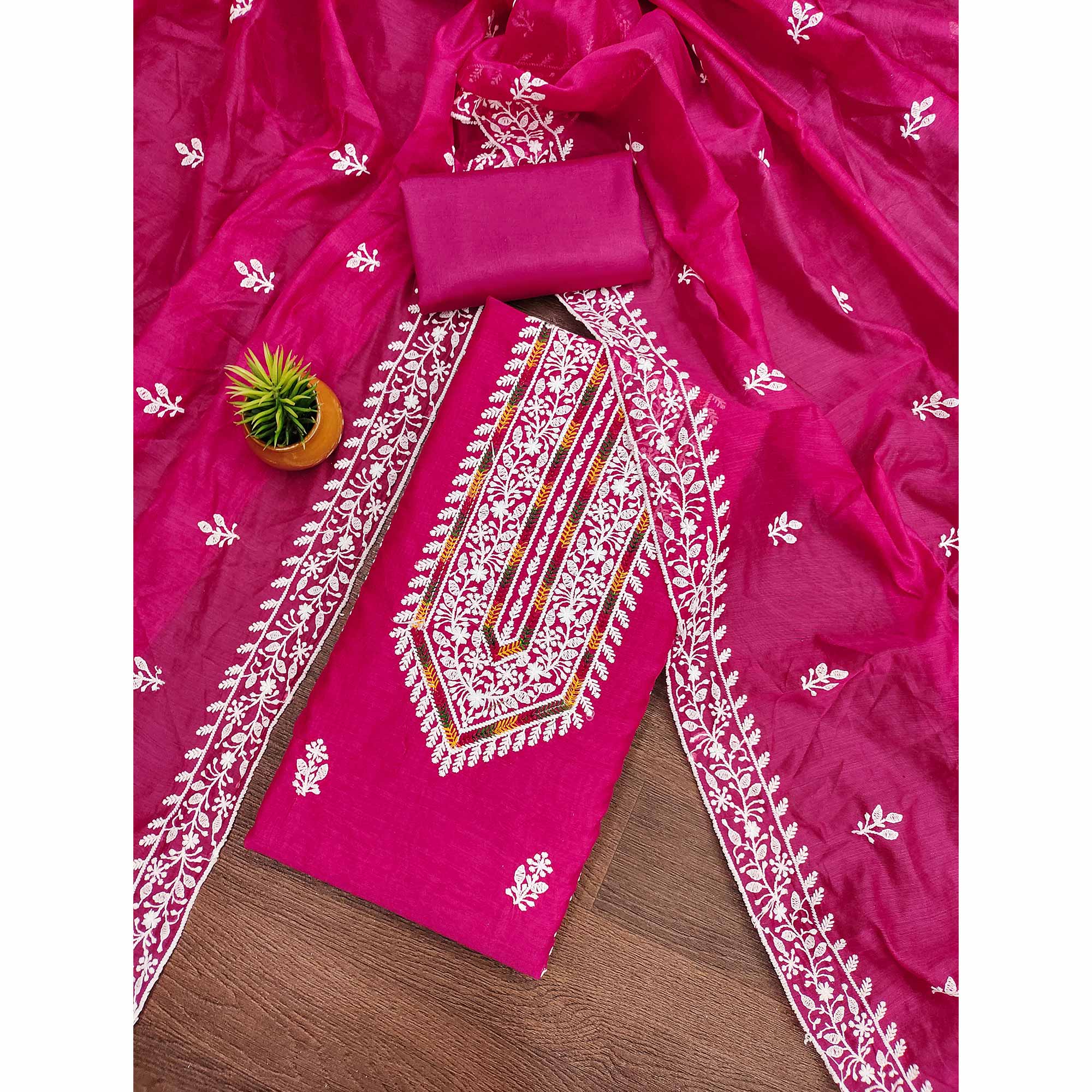 Rani Pink Floral Embroidered Modal Chanderi Silk Dress Material